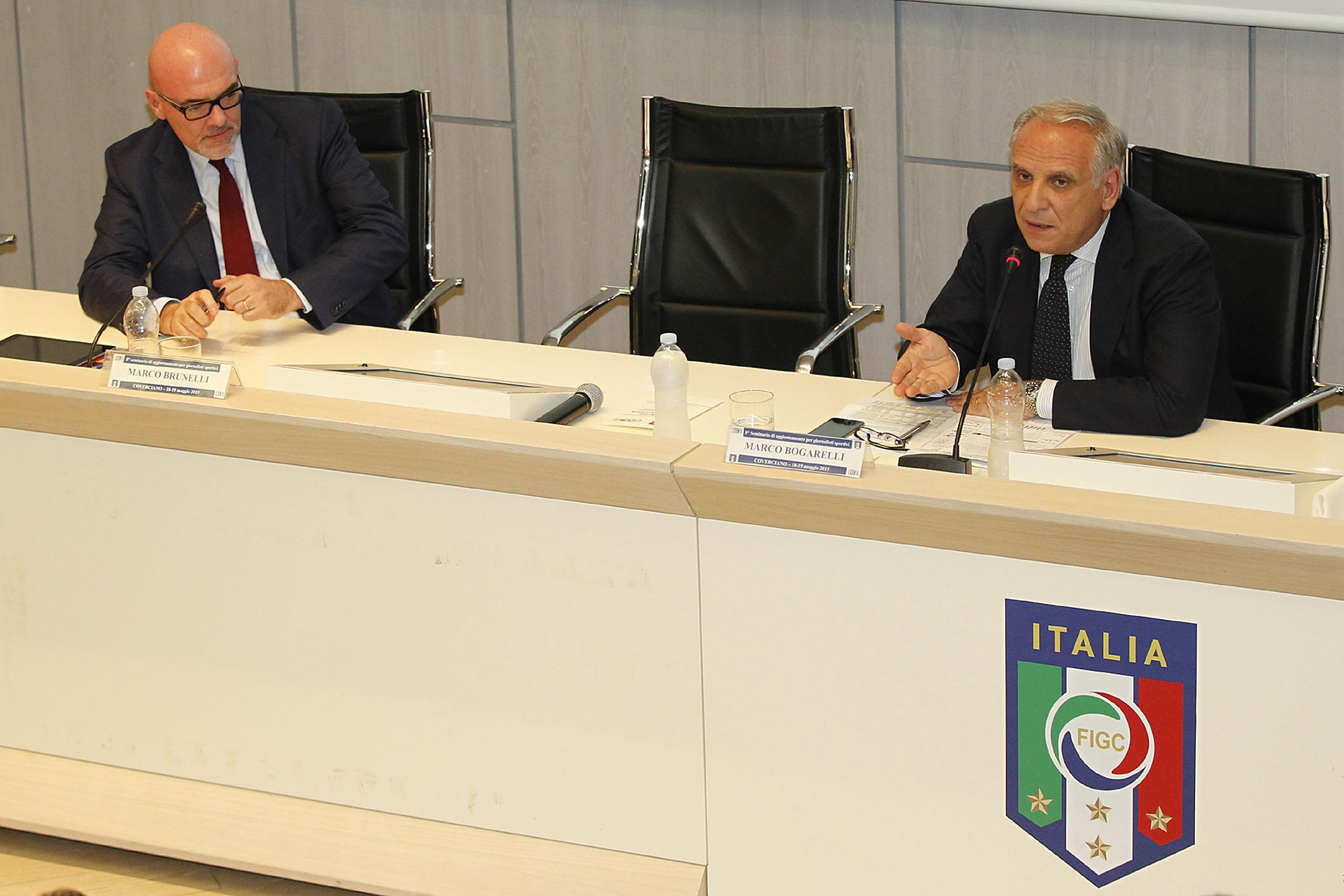 FLORENCE, ITALY - MAY 18: Marco Brunelli (General manager Lega Serie A) (L) Marco Bogarelli (President Infront Italy) during an Italian Football Federation seminar at Coverciano on May 18, 2015 in Florence, Italy. (Photo by Gabriele Maltinti/Getty Images)