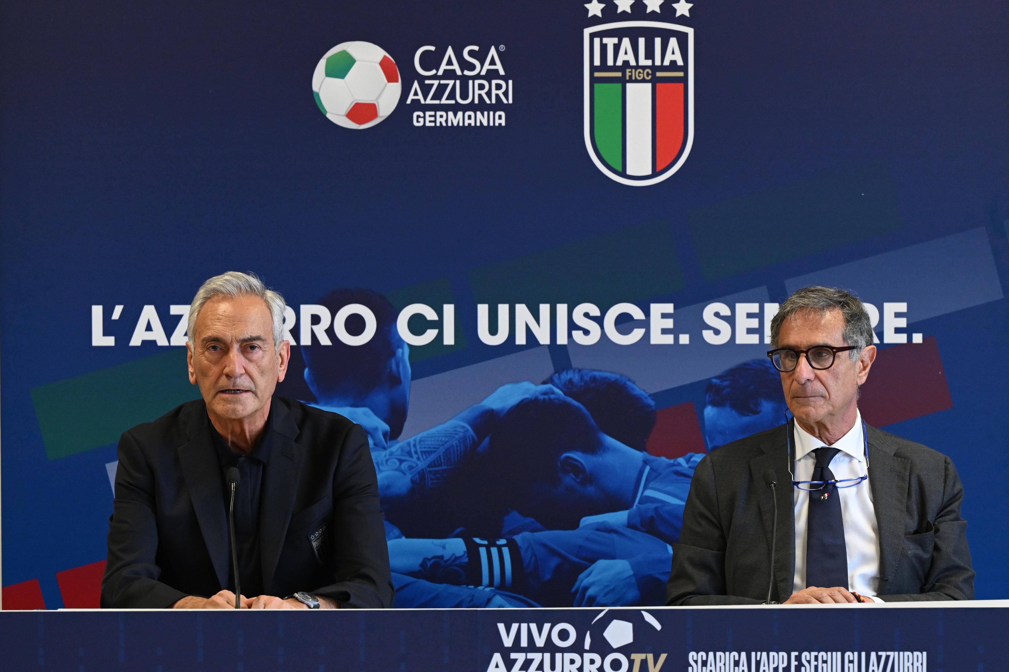 ISERLOHN, GERMANY - JUNE 22: Gabriele Gravina and  Claudio Barbaro at Hemberg-Stadion on June 22, 2024 in Iserlohn, Germany. (Photo by Claudio Villa/Getty Images for FIGC)