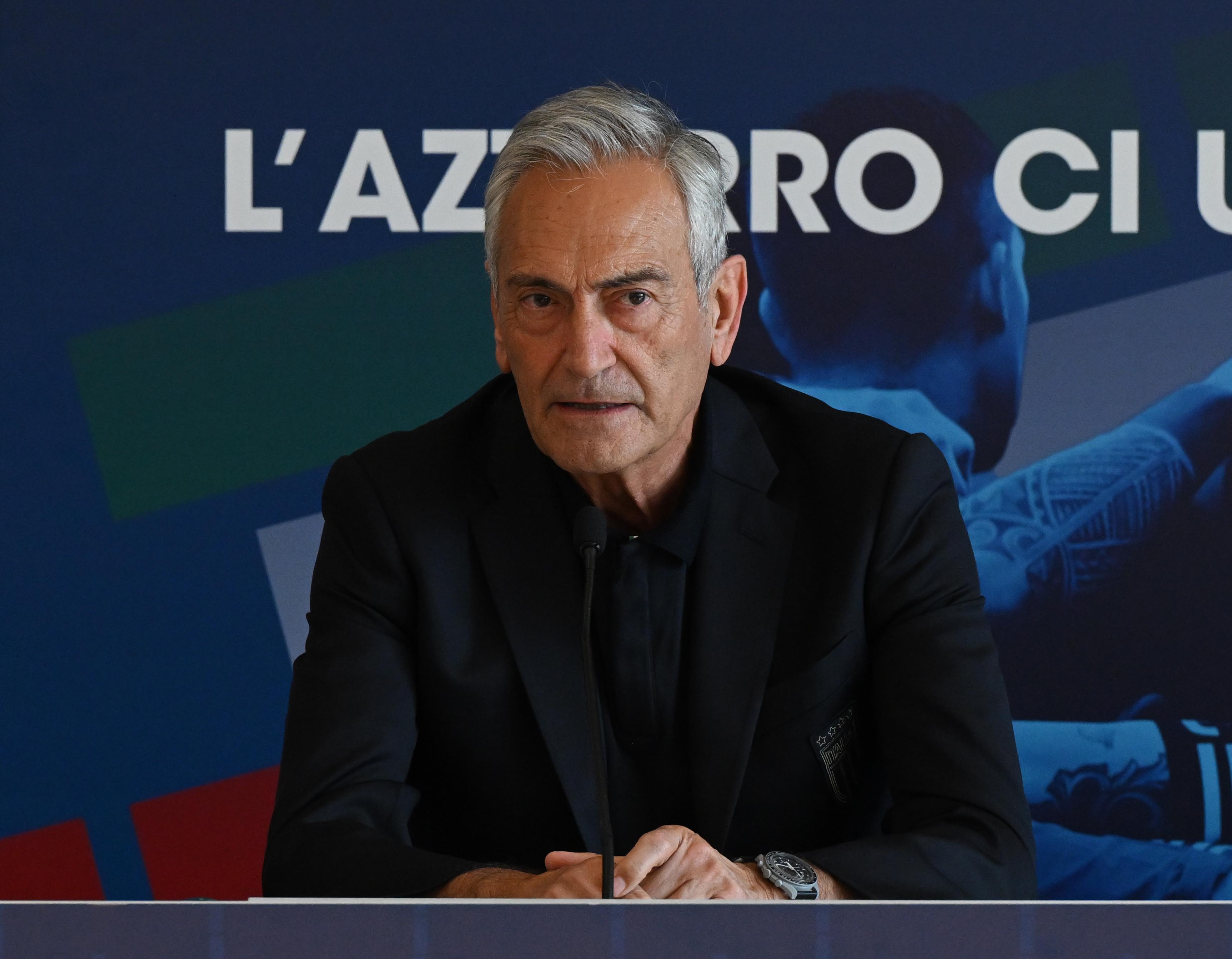 ISERLOHN, GERMANY - JUNE 22: Gabriele Gravina and Claudio Barbaro at Hemberg-Stadion on June 22, 2024 in Iserlohn, Germany. (Photo by Claudio Villa/Getty Images for FIGC)