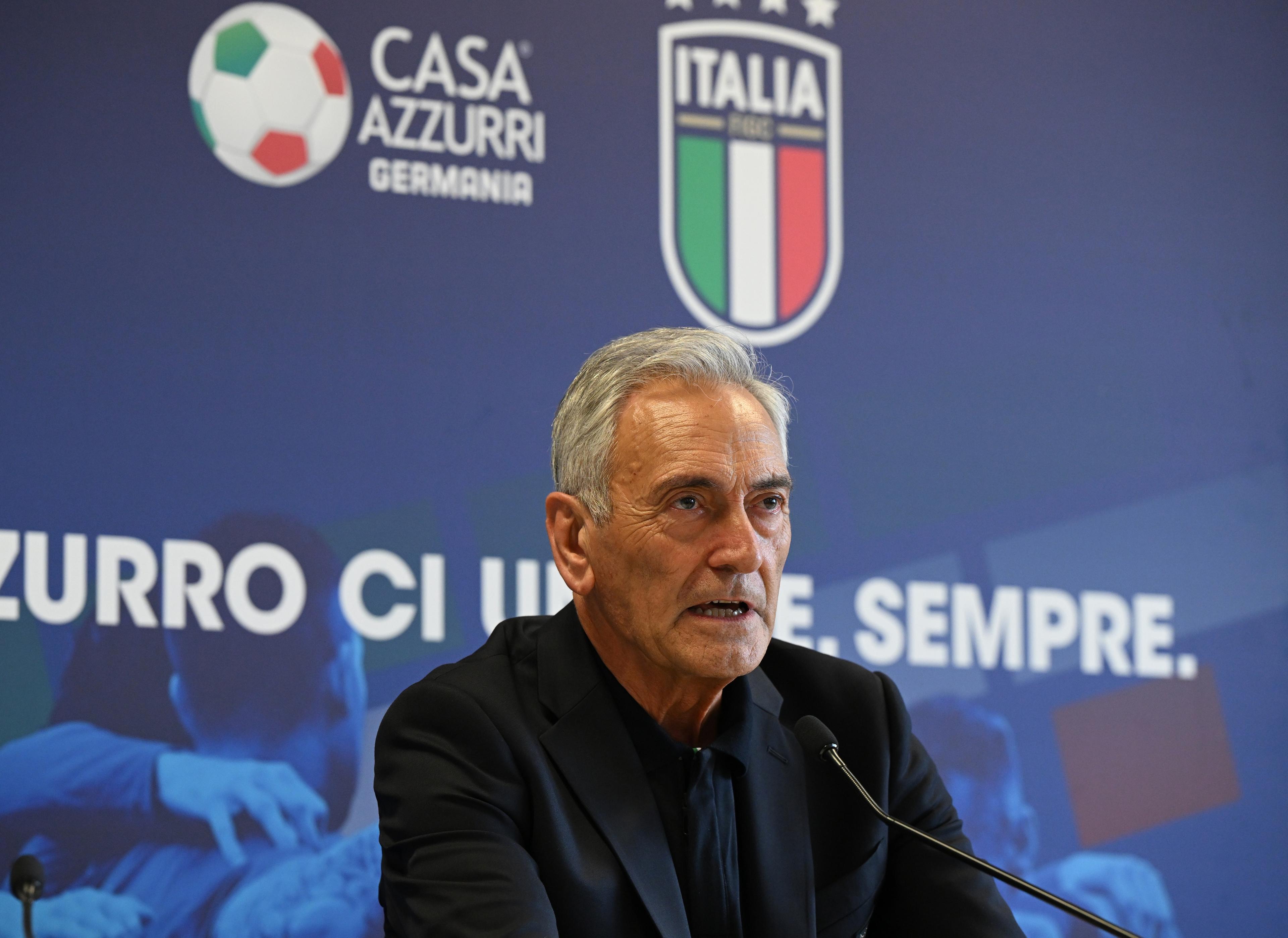 ISERLOHN, GERMANY - JUNE 22: Gabriele Gravina and Claudio Barbaro at Hemberg-Stadion on June 22, 2024 in Iserlohn, Germany. (Photo by Claudio Villa/Getty Images for FIGC)