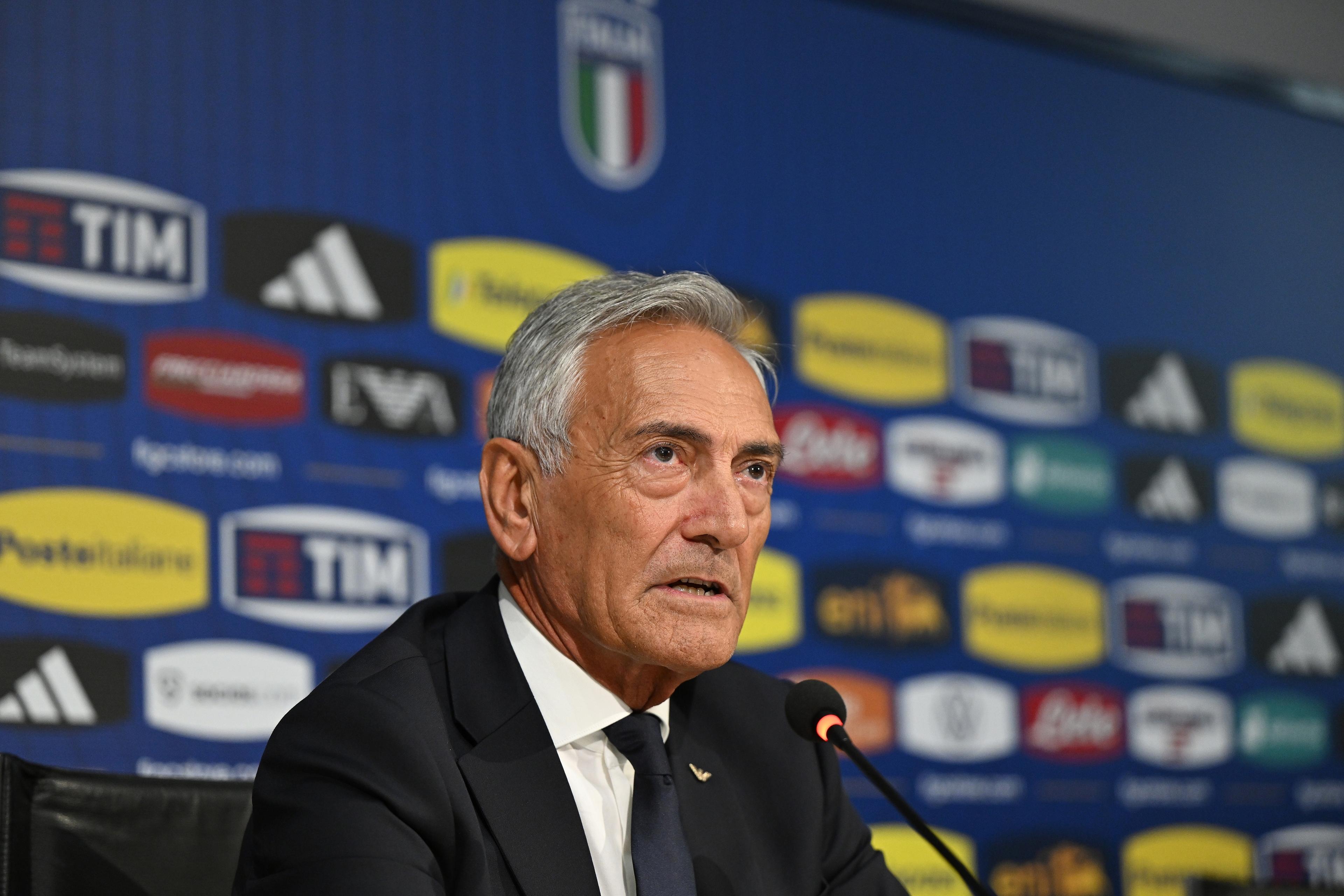 FLORENCE, ITALY - SEPTEMBER 02:  President of FIGC Gabriele Gravina speaks with the media during Italy the press conference at Centro Tecnico Federale di Coverciano on September 02, 2023 in Florence, Italy. (Photo by Claudio Villa/Getty Images)