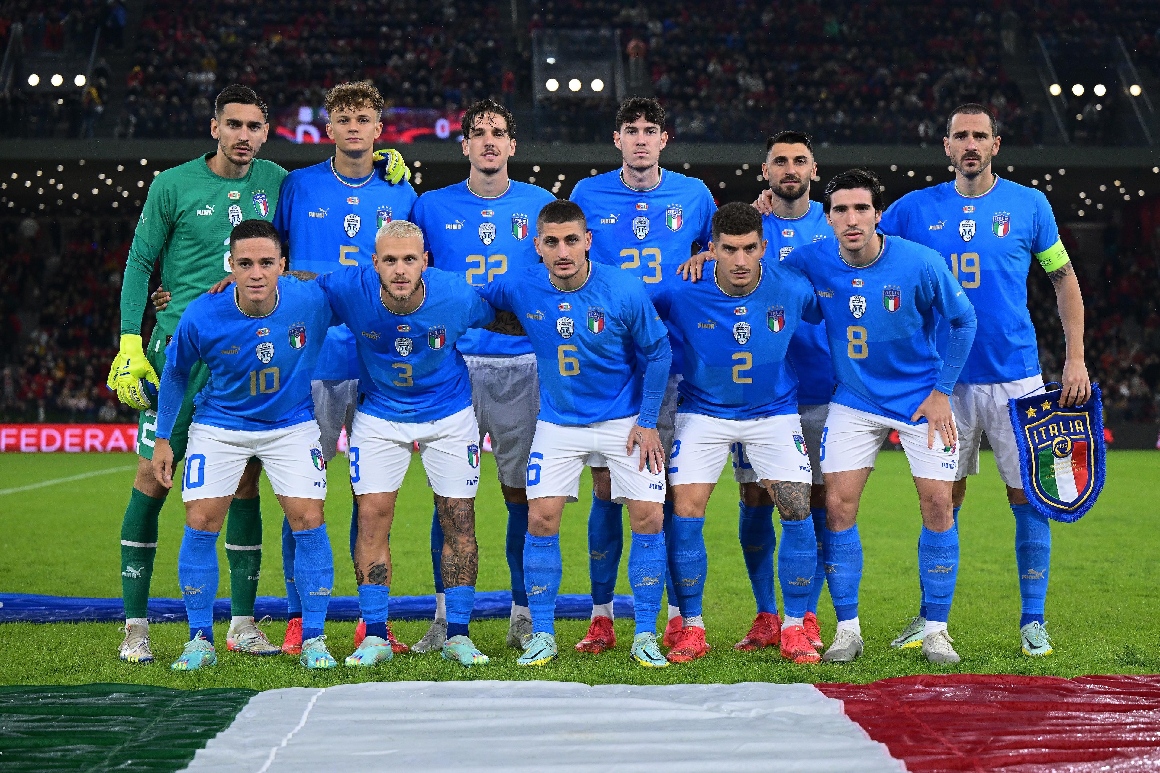 TIRANA, ALBANIA - NOVEMBER 16:  Players of Italy line up prior to the International friendly match between Albania and Italy at  on November 16, 2022 in Tirana, Albania. (Photo by Mattia Ozbot/Getty Images)