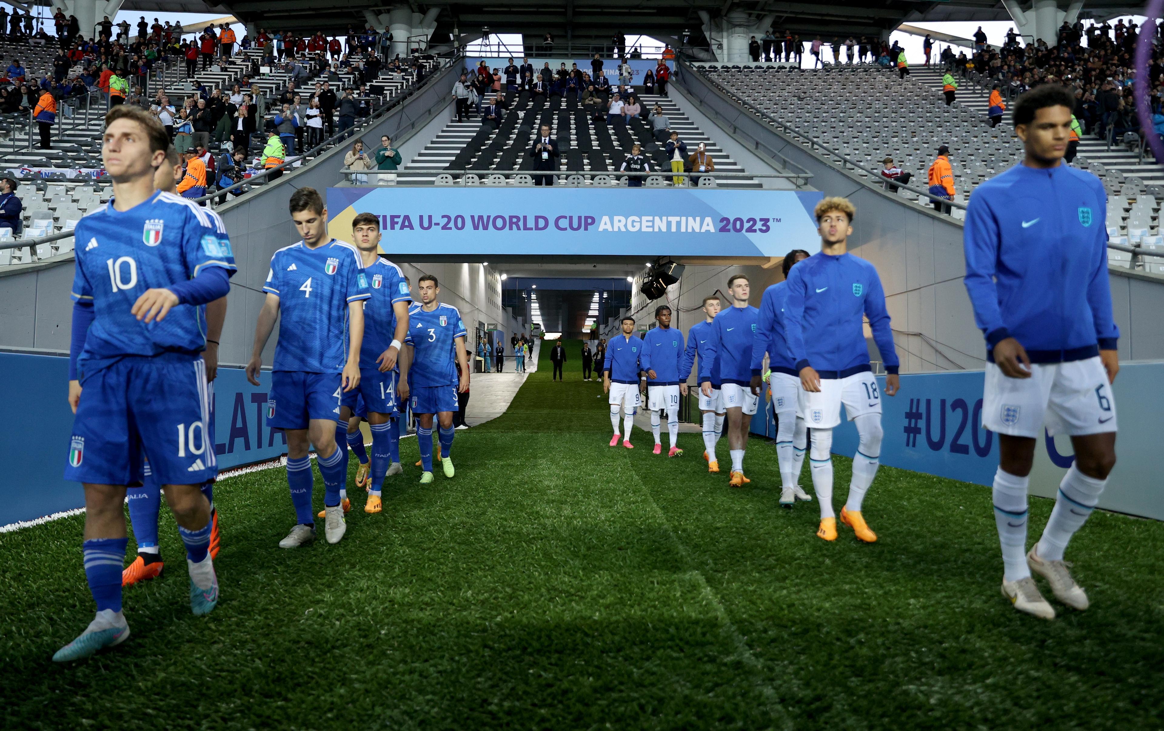 LA PLATA, ARGENTINA - MAY 31: Players of England and Italy enter to the pitch ahead of the FIFA U-20 World Cup Argentina 2023 Round of 16 match between England and Italy at Estadio La Plata on May 31, 2023 in La Plata, Argentina. (Photo by Tim Nwachukwu - FIFA/FIFA via Getty Images)