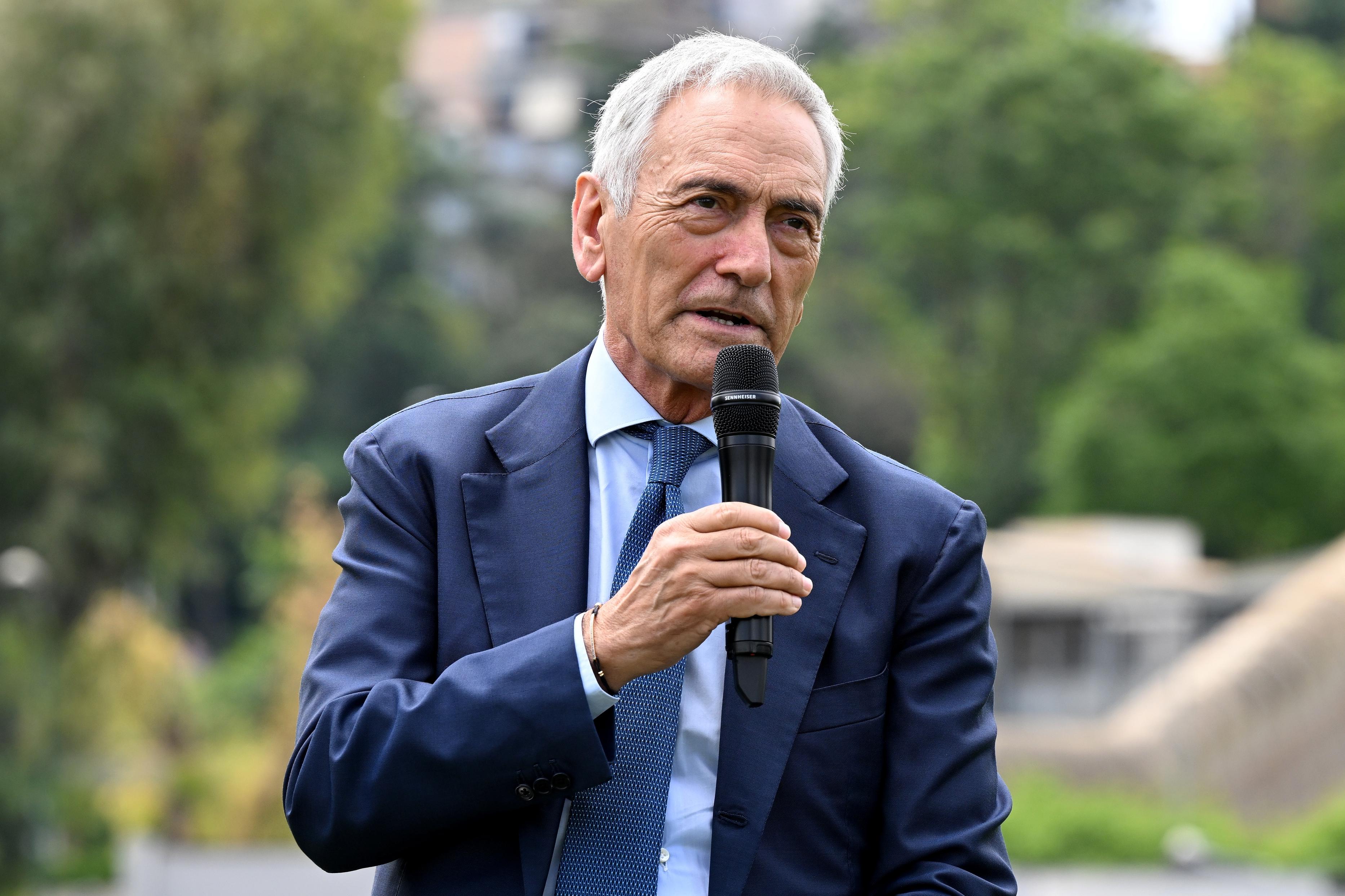 ROME, ITALY - JUNE 05: FIGC Pesident Gabriele Gravina attends a ceremony in memory of Gianluca Vialli to whom Camp 3 of the CPO \\'Giulio Onesti\\' in Rome was named this morning ahead of an Italy Training Session at Centro Giulio Onesti on June 05, 2023 in Florence, Italy. (Photo by Claudio Villa/Getty Images)
