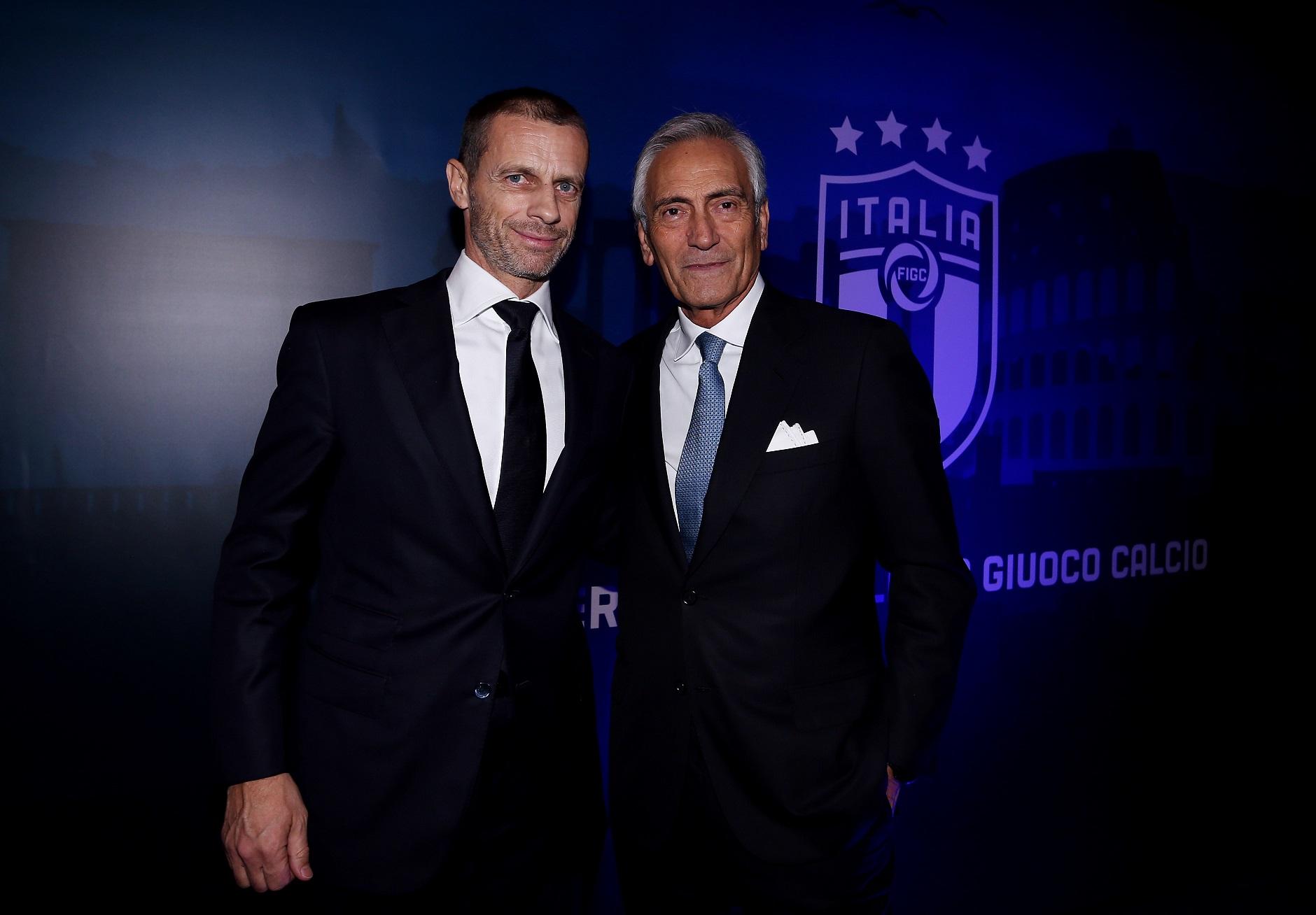 ROME, ITALY - FEBRUARY 07: UEFA Presidente Aleksander Ceferin and Gabriele Gravina FIGC President attend The UEFA Congress Dinner on February 7, 2019 in Rome, Italy. (Photo by Paolo Bruno/Getty Images)