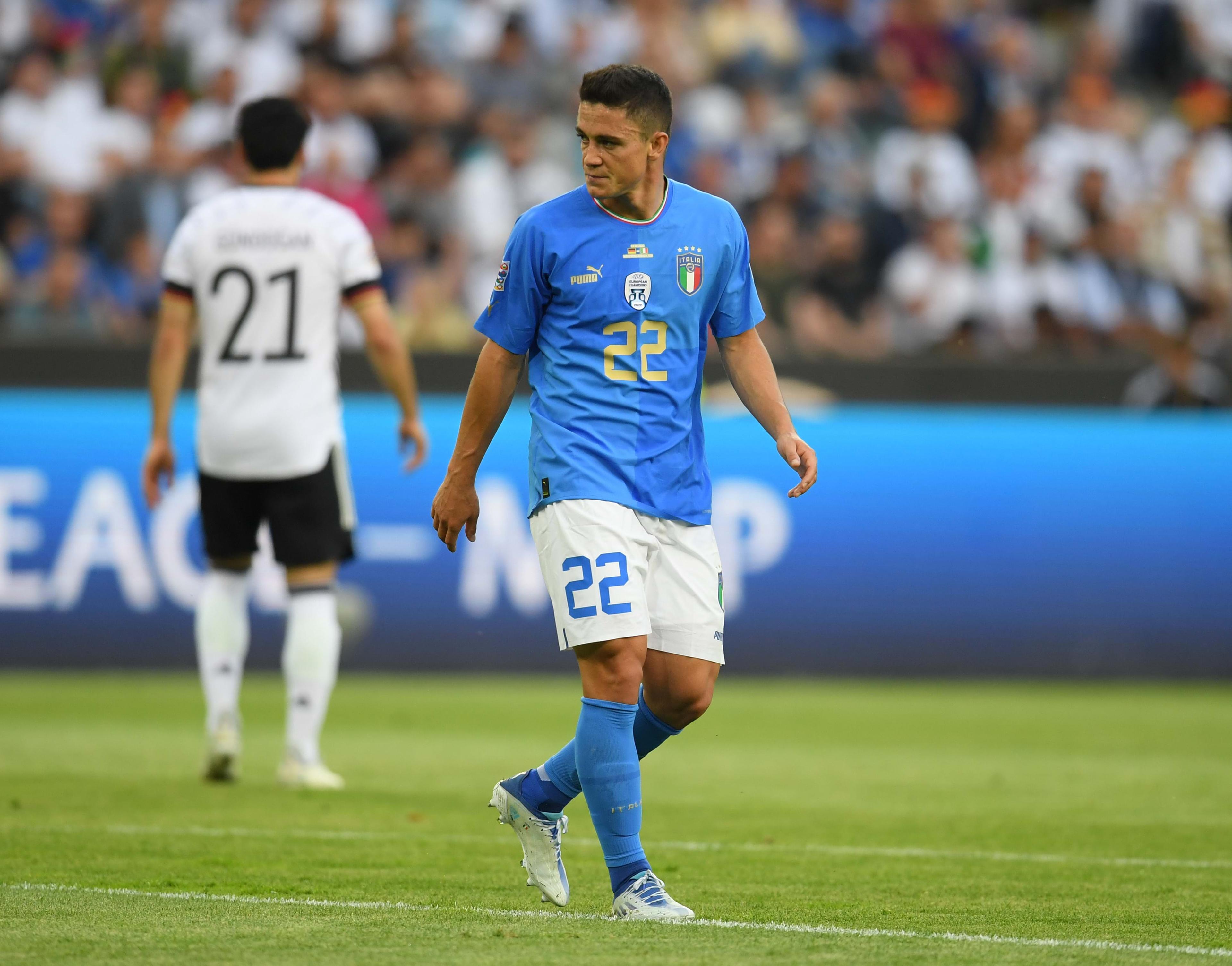 MOENCHENGLADBACH, GERMANY - JUNE 14: Giacomo Raspadori of Italy in action during the UEFA Nations League League A Group 3 match between Germany and England at Borussia Park Stadium on June 14, 2022 in Moenchengladbach, Germany. (Photo by Claudio Villa/Getty Images)