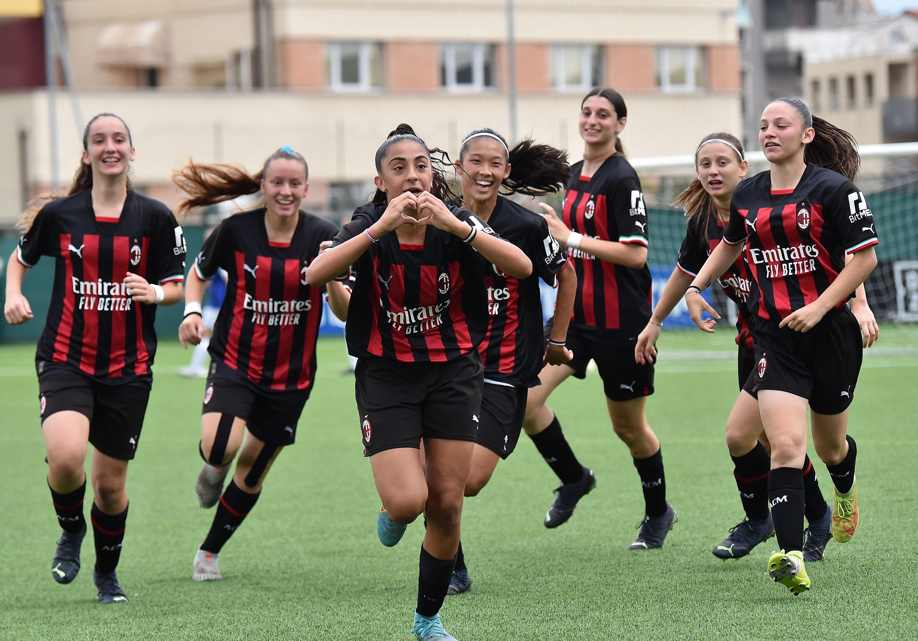 SENIGALLIA, ITALY - JUNE 30: Iris Di Falco of AC Milan celebrates with his teammates after scoring opening goal during the Women U15 Final match between FC Internazionale and AC Milan at Stadio Goffredo Bianchelli on June 30, 2023 in Senigallia, Italy. (Photo by Giuseppe Bellini/Getty Images) *** Local Caption *** Iris Di Falco