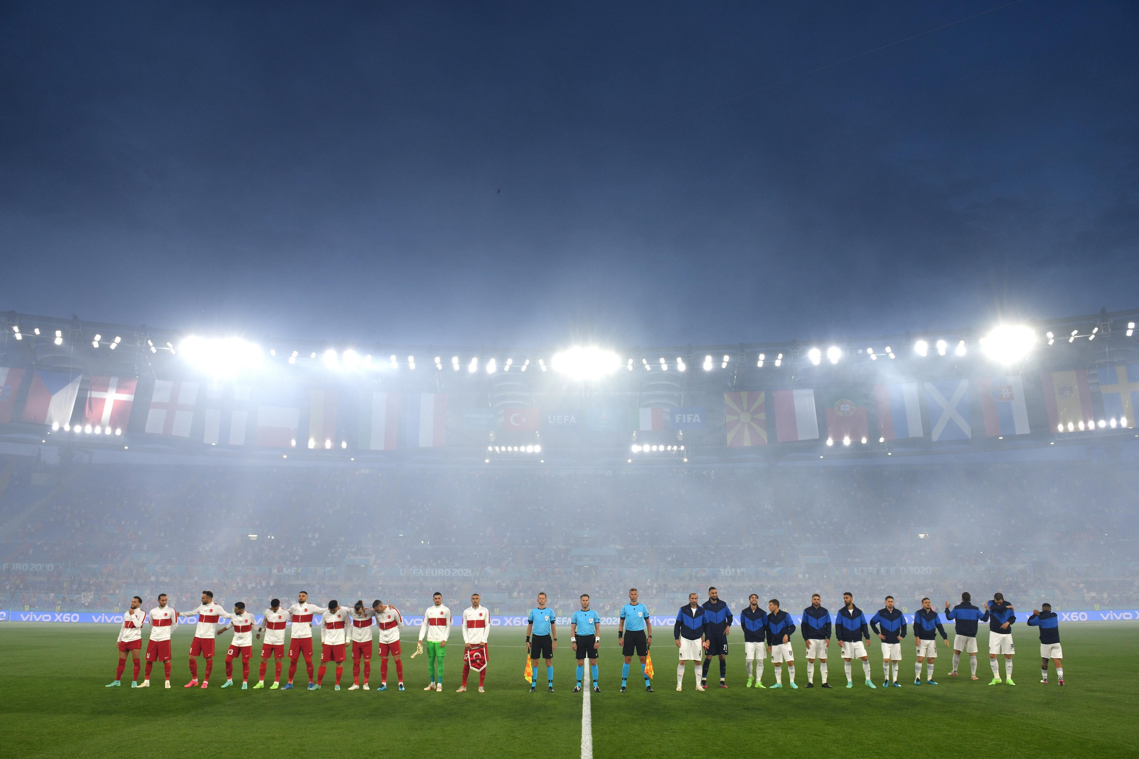 ROME, ITALY - JUNE 11: A general view inside the stadium as both teams line up for the national anthem\\'s prior to the UEFA Euro 2020 Championship Group A match between Turkey and Italy at the Stadio Olimpico on June 11, 2021 in Rome, Italy. (Photo by Chris Ricco - UEFA/UEFA via Getty Images)