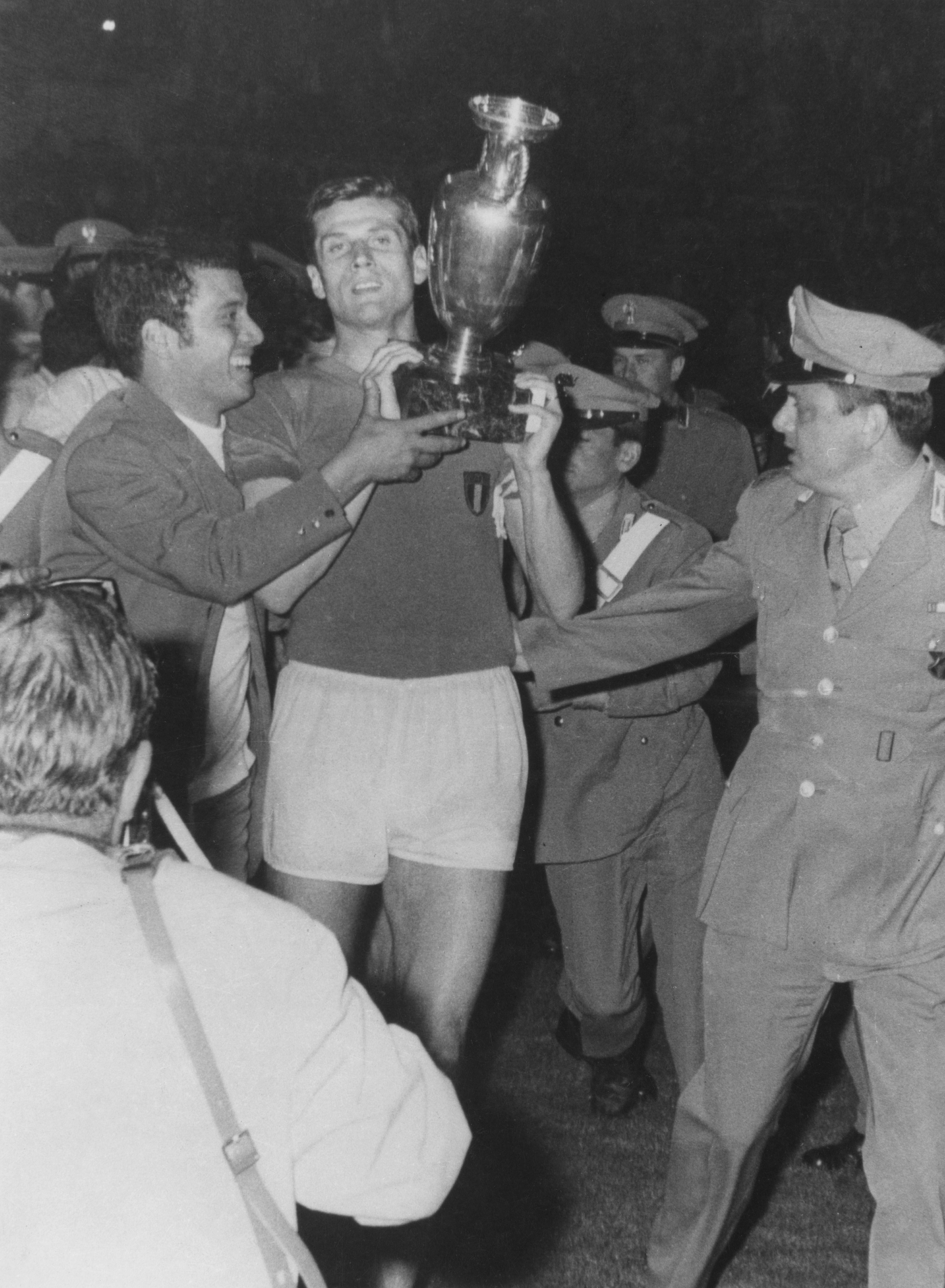 Giacinto Facchetti of Italy celebrates at the end of the Euro 1968 final match between Italy and Jugoslavia at 'Olympic stadium' on June 10, 1968 in Rome , Italy..FIGC Historical Archive
