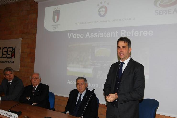 ROME, ITALY - JANUARY 18: (L-R) Roberto Rosetti head of VAR, Roberto Fabbricini secretary of CONI, Luigi Ferajolo president of USSI and Michele Uva general director of FIGC attend the Italian Football Federation (FIGC) and USSI Seminar at Giulio Onesti sport center on January 18, 2018 in Rome, Italy. (Photo by Paolo Bruno/Getty Images)