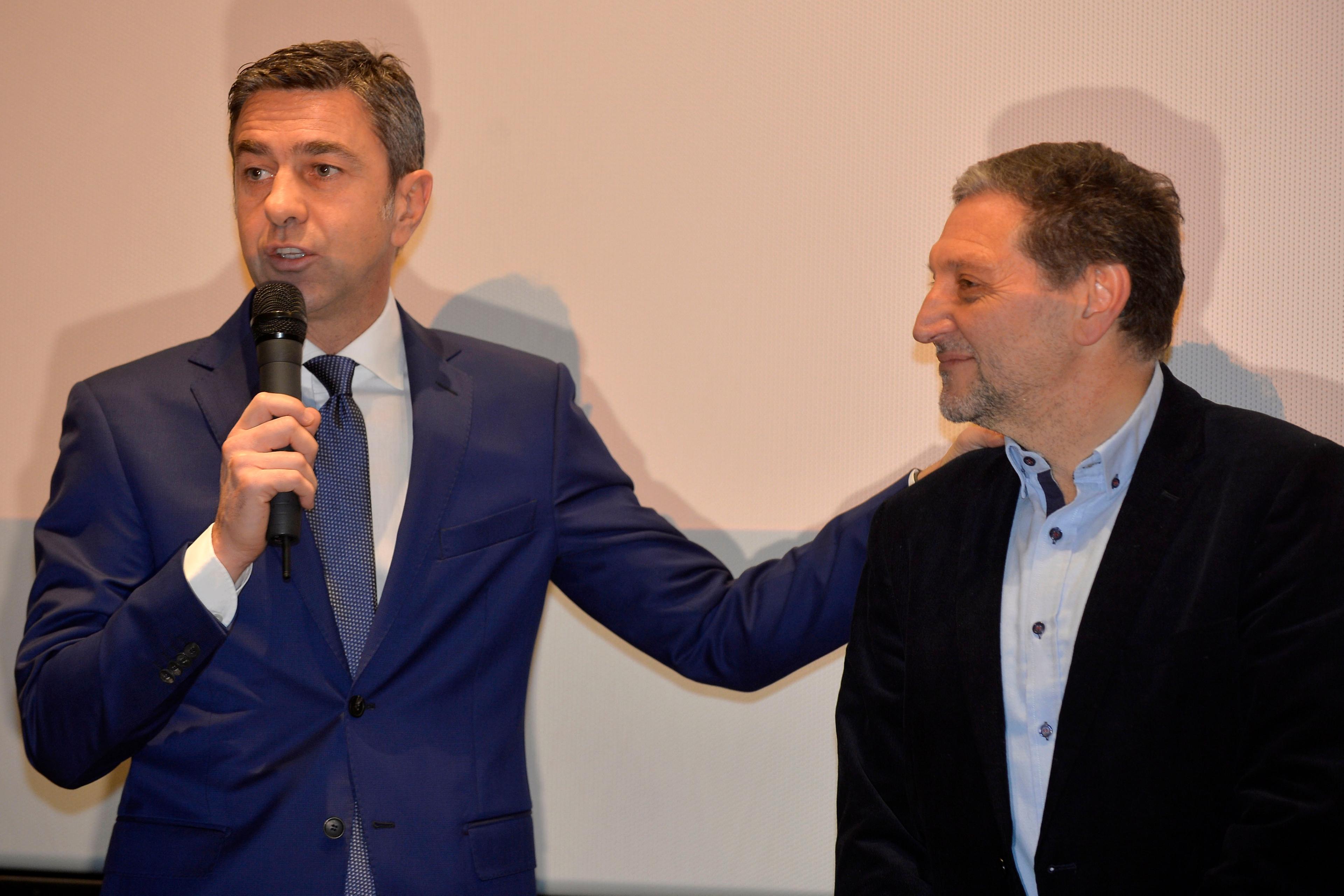 La FIGC con il Vice Commissario Alessandro Costucarta incontra studenti durante la proiezione del Film \"Crezy for Football\" al cinema Adriano di Roma..Nella foto Alessandro Costacurta e Santo Rullo.Roma, 13 - 02 -2018.@ Marco Rosi / Getty Images