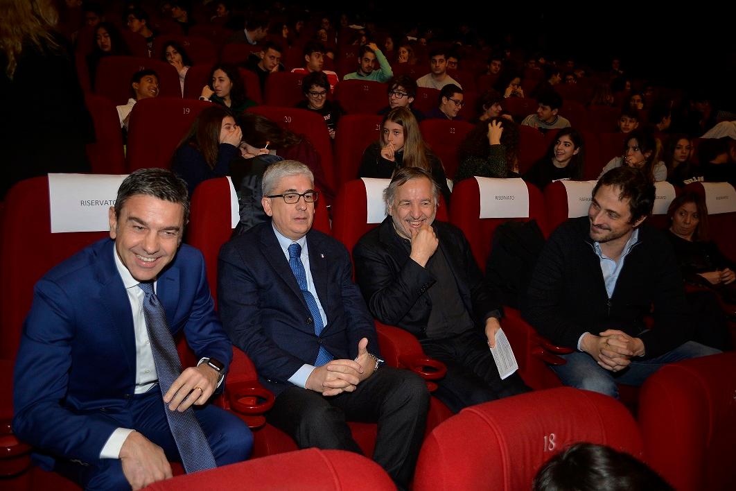 La FIGC con il Vice Commissario Alessandro Costucarta incontra studenti durante la proiezione del Film \"Crezy for Football\" al cinema Adriano di Roma..Nella foto Alessandro Costacurta, Vito Tisci, Santo Rullo e Volgango De Biasi.Roma, 13 - 02 -2018.@ Marco Rosi / Getty Images