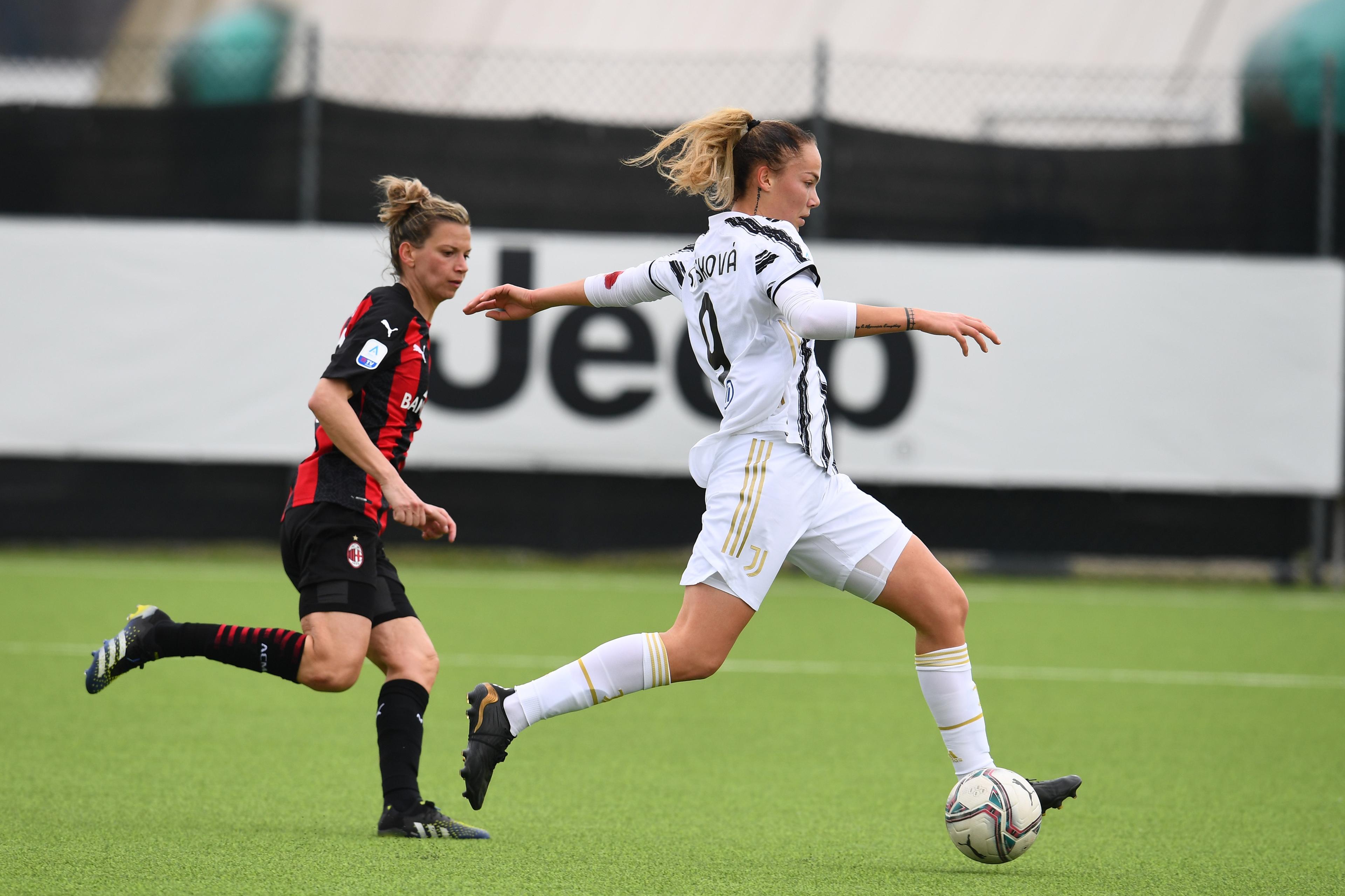 VINOVO, ITALY - MARCH 07: Andrea Staskova of Juventus scores the third goal during the Women Serie A match between Juventus and AC Milan at Juventus Center Vinovo on March 07, 2021 in Vinovo, Italy. (Photo by Claudio Villa/Getty Images)