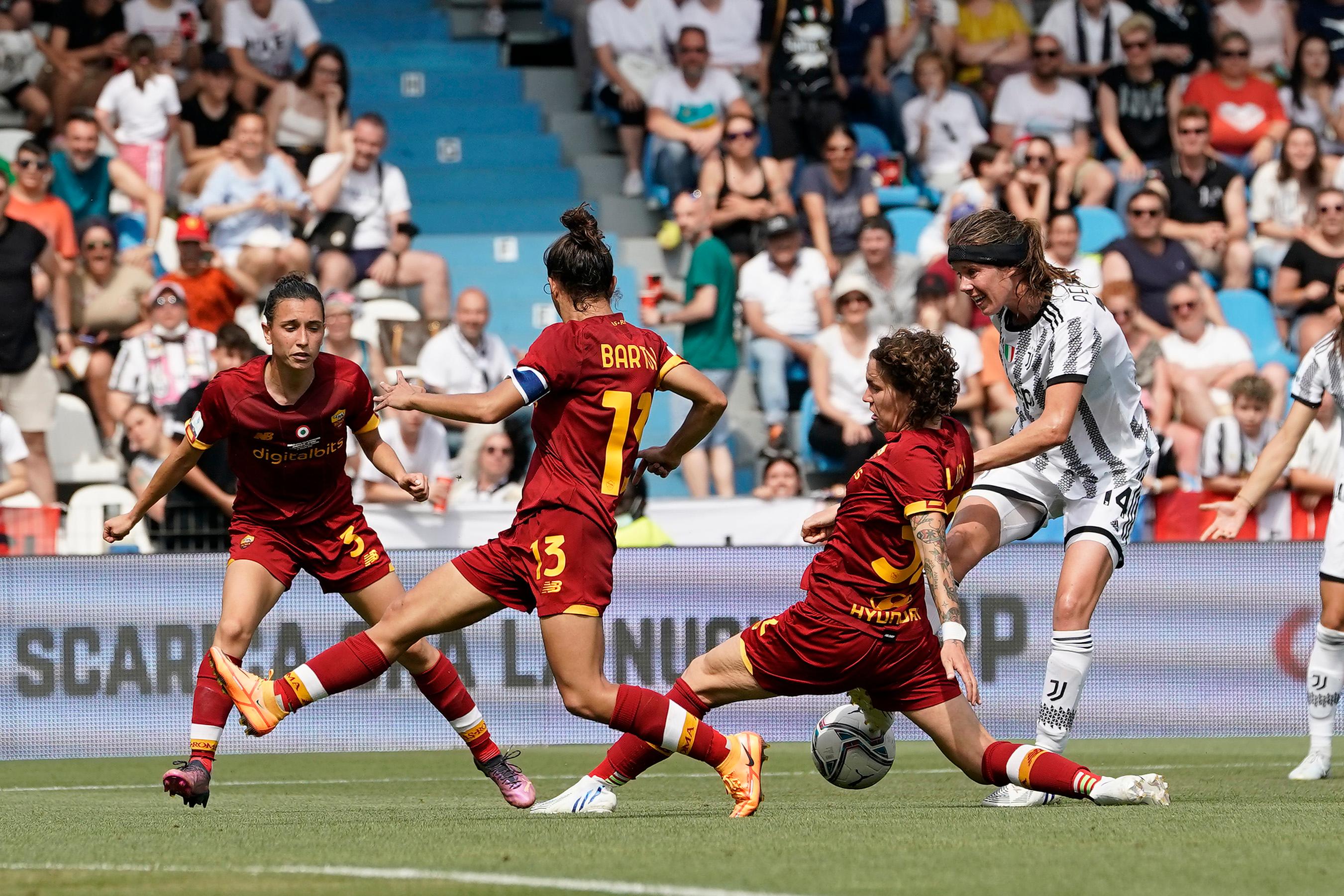 FERRARA, ITALY - MAY 22: Sofie Junge Pedersen of Juventus Women in action during the Women Coppa Italia Final between Juventus and AS Roma at Stadio Paolo Mazza on May 22, 2022 in Ferrara, Italy. (Photo by Danilo Di Giovanni/Getty Images)
