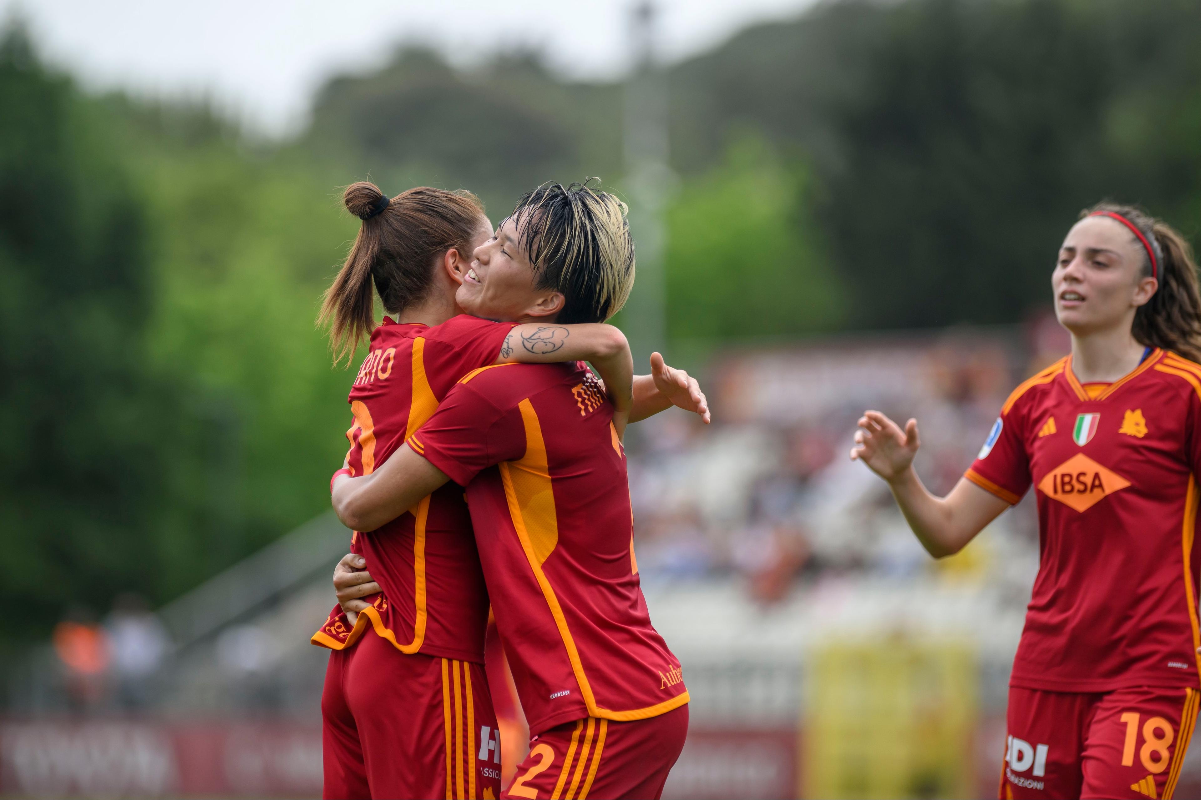 ROME, ITALY - MAY 19: Moeka Minami of AS Roma celebrates after scoring the goal during the women Serie A match between AS Roma and ACF Fiorentina at Stadio Tre Fontane on May 19, 2024 in Rome, Italy. (Photo by Antonio Masiello/Getty Images)