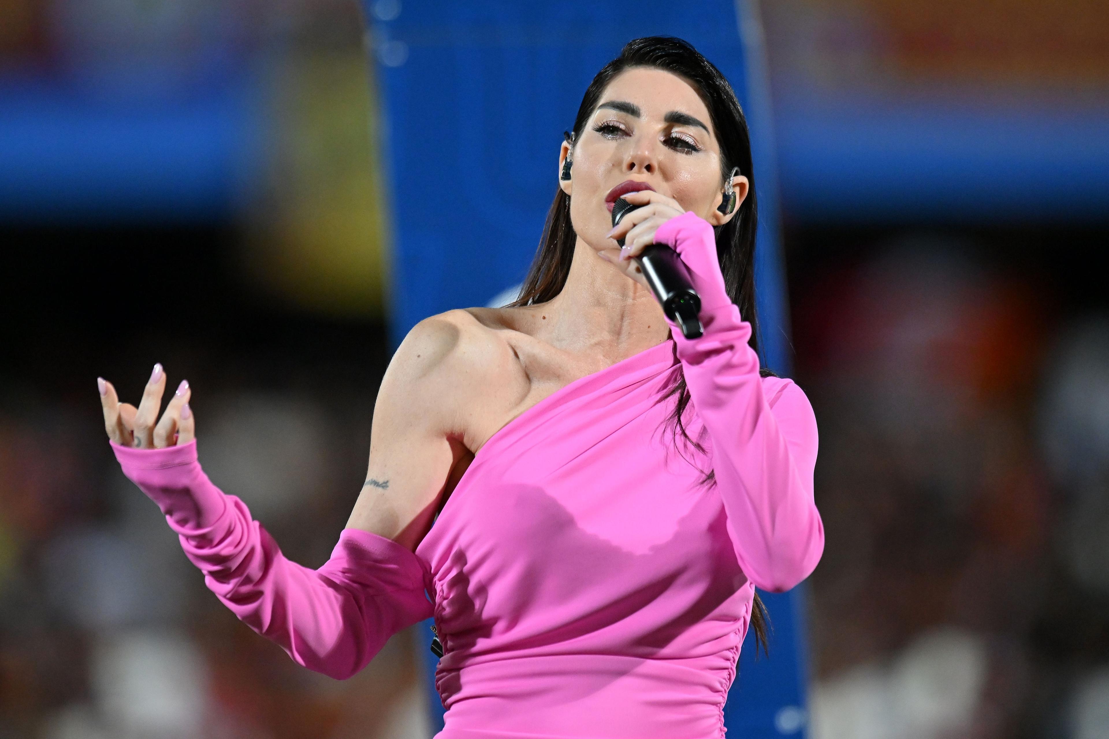 CESENA, ITALY - MAY 24:Singer Bianca Atei during the Women Supercup match betweeen AS Roma and ACF Fiorentina at Dino Manuzzi Stadium on May 24, 2024 in Cesena, Italy. (Photo by Alessandro Sabattini/Getty Images)