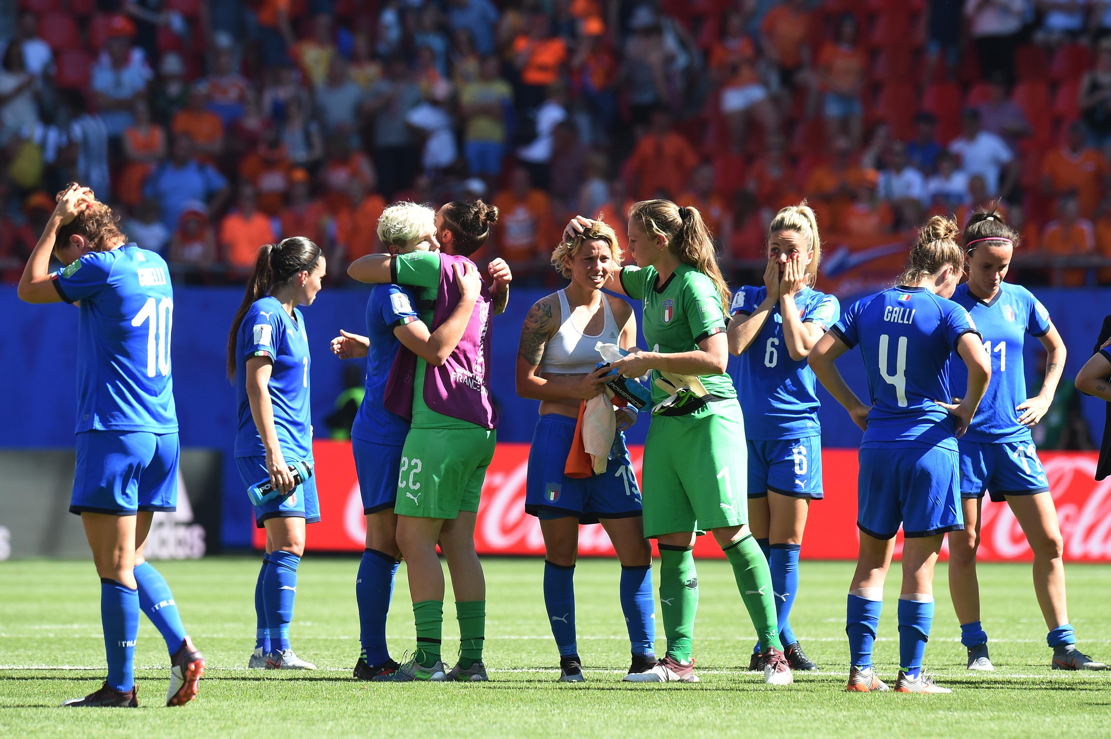 VALENCIENNES, FRANCE - JUNE 29: Cristiana Girelli, Alia Guagni, Elena Linari, Rosalia Pipitone, Valentina Giacinti, Laura Giulian, Martina Rosucci Aurora Galli and Barbara Bonansea of Italy show their dejection after losing the 2019 FIFA Women's World Cup France Quarter Final match between Italy and and Netherlands at Stade du Hainaut on June 29, 2019 in Valenciennes, France. (Photo by Tullio M. Puglia/Getty Images)