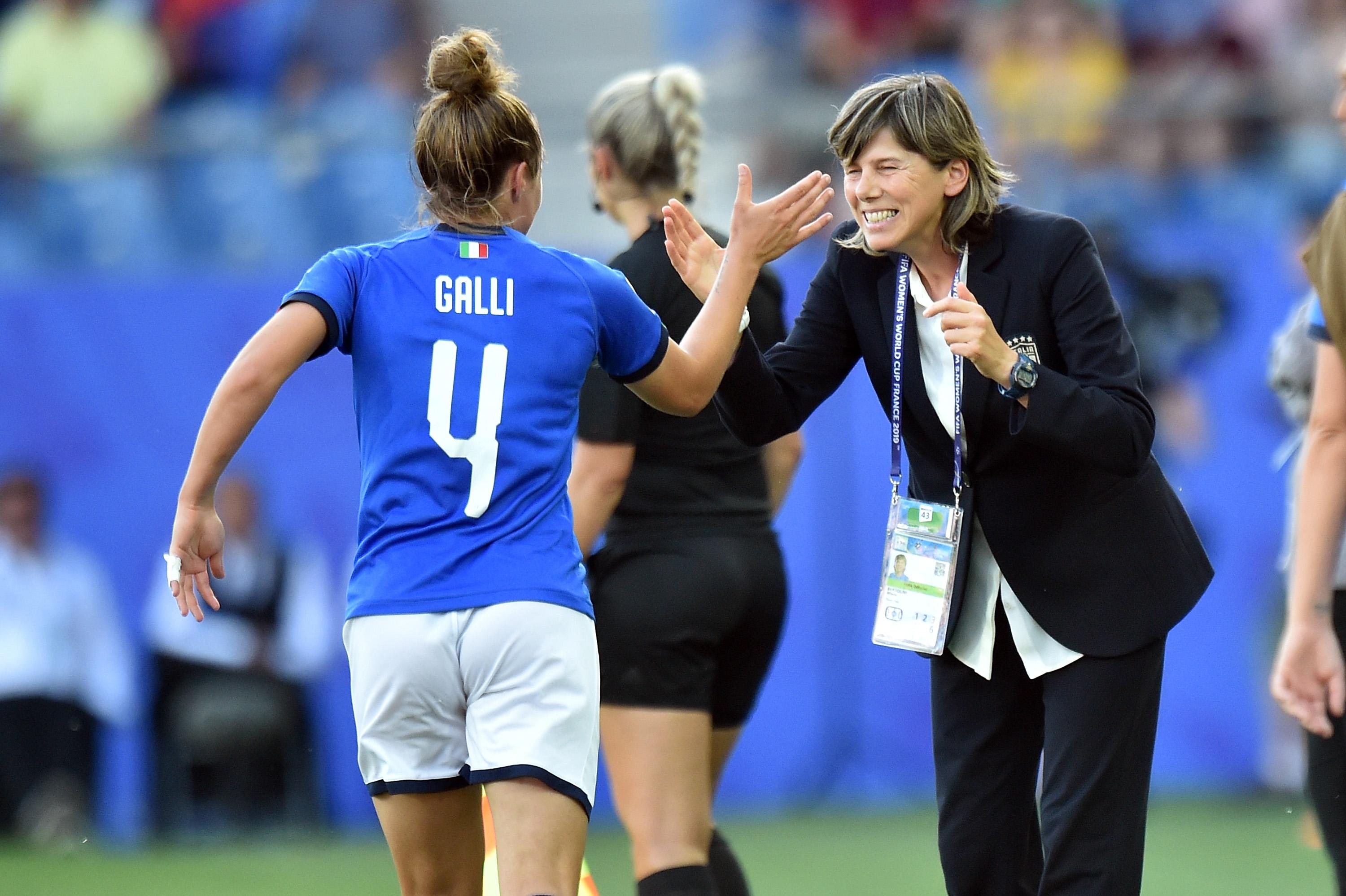 MONTPELLIER, FRANCE - JUNE 25: Aurora Galli of Italy Women celebrates with head coach Milena Bertolini after scoring Italy's second goal during the 2019 FIFA Women's World Cup France Round Of 16 match between Italy and China at Stade de la Mosson on June 25, 2019 in Montpellier, France. (Photo by Tullio M. Puglia/Getty Images)