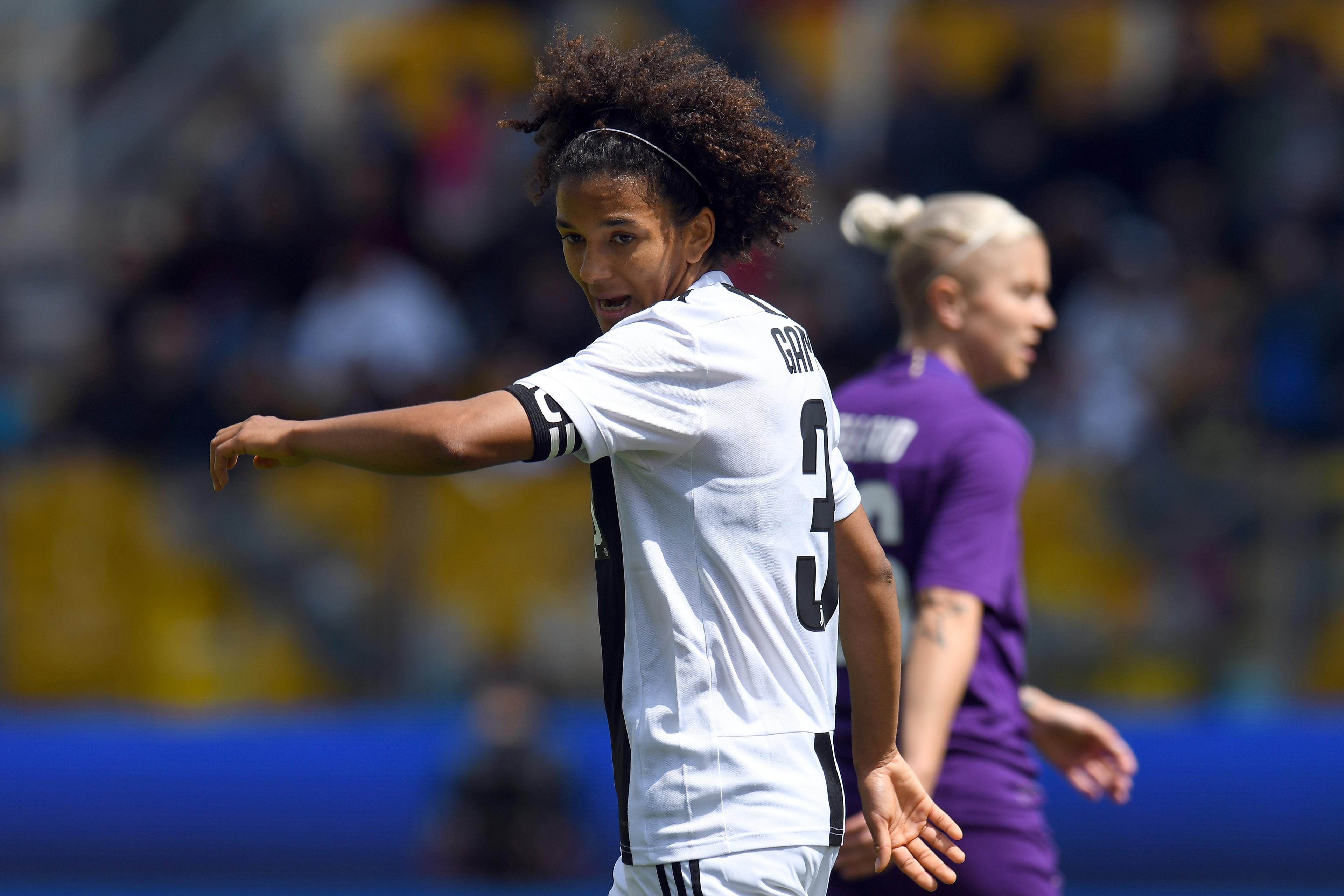 PARMA, ITALY - APRIL 28:  Sara Gama of Juventus Woman reacts during the Women Coppa Italia Final match between Juventus Women and ACF Fiorentina  Stadio Ennio Tardini on April 28, 2019 in Parma, Italy.  (Photo by Alessandro Sabattini/Getty Images)