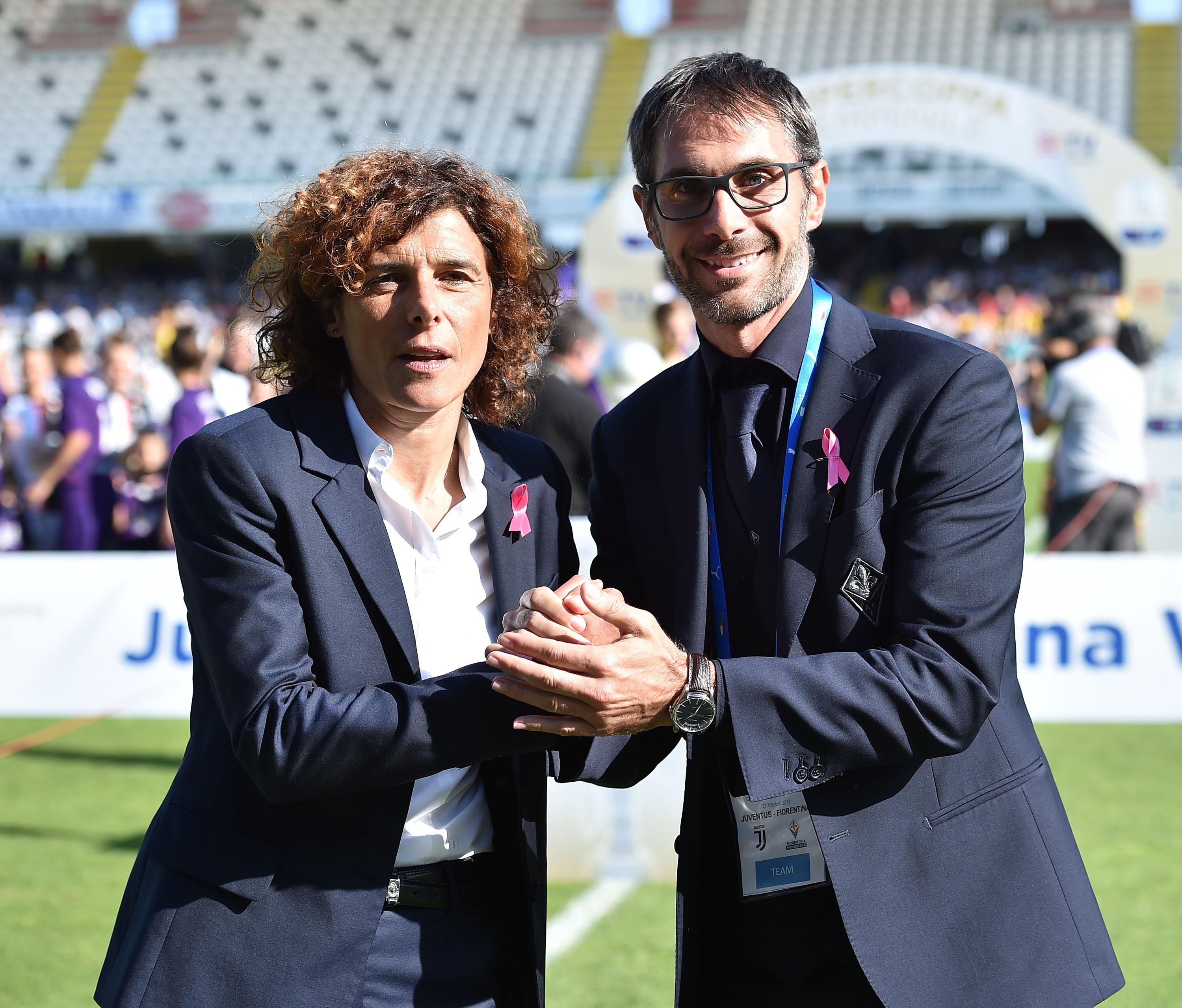 CESENA, ITALY - OCTOBER 27: Rita Guarino head coach of Juventus Women and Antonio Cincotta head coach of Fiorentina Women prior the Italian Supercup match between Juventus Women and Fiorentina Women at Orogel Stadium Dino Manuzzi on October 27, 2019 in Cesena, Italy. (Photo by Giuseppe Bellini/Getty Images)