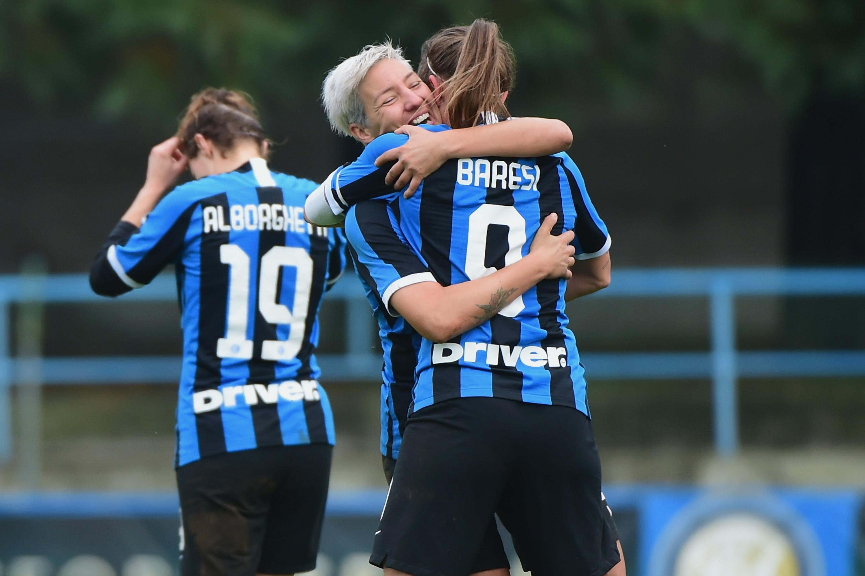 SOLBIATE ARNO, ITALY - NOVEMBER 16:  Regina Baresi of FC Internazionale Women celebrates her first goal during the Women Serie A match between FC Internazionale and Orobica at Campo Sportivo F. Chinetti on November 15, 2019 in Solbiate Arno, Italy.  (Photo by Pier Marco Tacca/Getty Images) *** Local Caption *** Regina Baresi