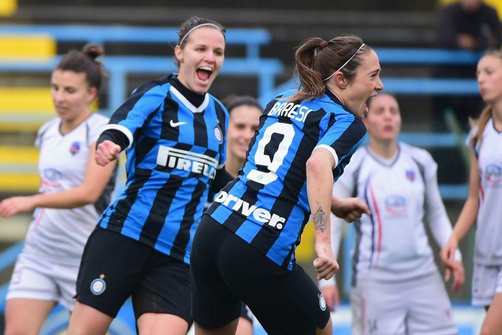 SOLBIATE ARNO, ITALY - NOVEMBER 16: Regina Baresi of FC Internazionale Women celebrates her first goal during the Women Serie A match between FC Internazionale and Orobica at Campo Sportivo F. Chinetti on November 15, 2019 in Solbiate Arno, Italy. (Photo by Pier Marco Tacca/Getty Images) *** Local Caption *** Regina Baresi