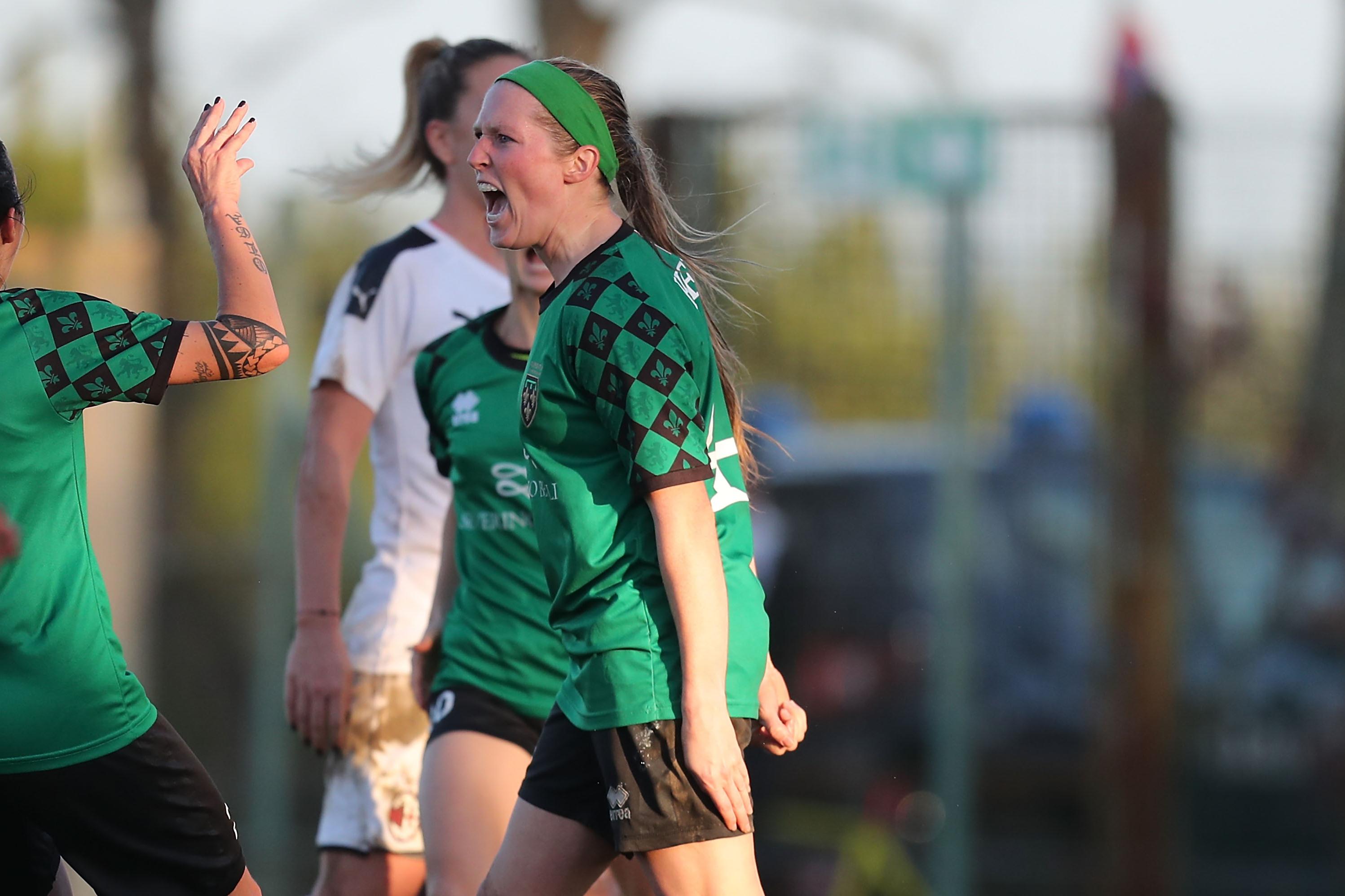 FLORENCE, ITALY - NOVEMBER 30: Megan Kelly of Florentia San Gimignano Women celebrates after scoring a goal during the Women Serie A match between Florentia and AC Milan on November 30, 2019 in Florence, Italy.  (Photo by Gabriele Maltinti/Getty Images)