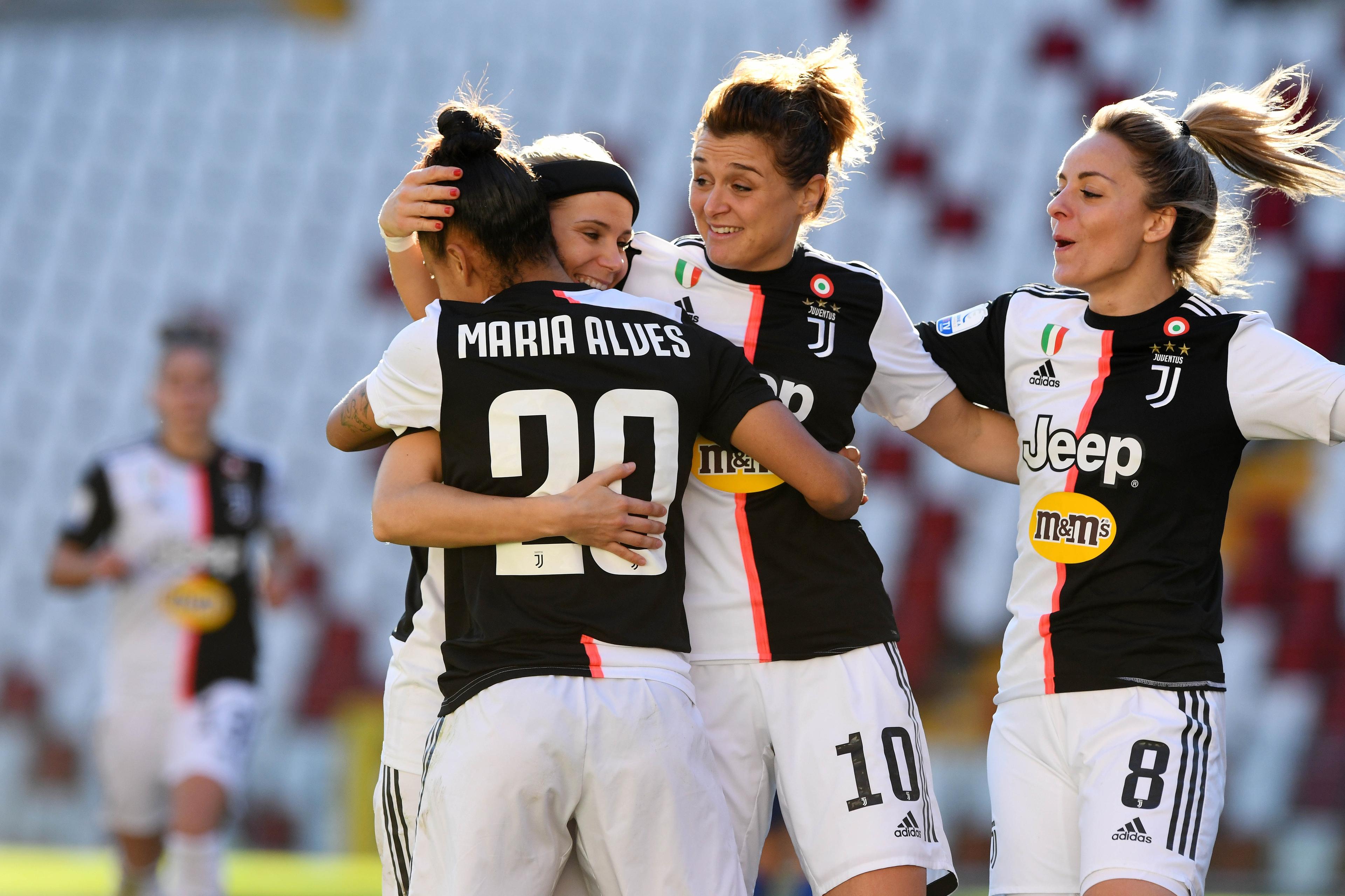 TRIESTE, ITALY - JANUARY 12: Maria Alves of Juventus celebrates goal with teammates during the Women Serie A match between Tavagnacco and Juventus at Campo Sportivo F. Chinetti on January 12, 2020 in Trieste, Italy. (Photo by Juventus FC/Juventus FC via Getty Images)