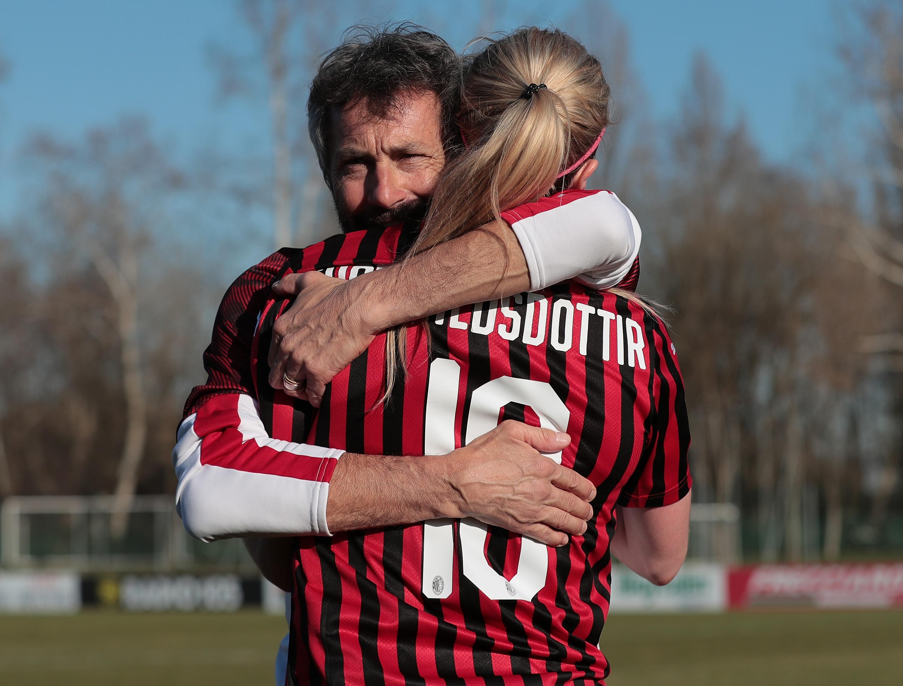 MILAN, ITALY - JANUARY 20: AC Milan head coach Maurizio Ganz celebrates the victory with his player Berglind Bjorg Thorvaldsdottir at the end of the Women Serie A match between AC Milan and AS Roma on January 20, 2020 in Milan, Italy. (Photo by Emilio Andreoli/Getty Images)