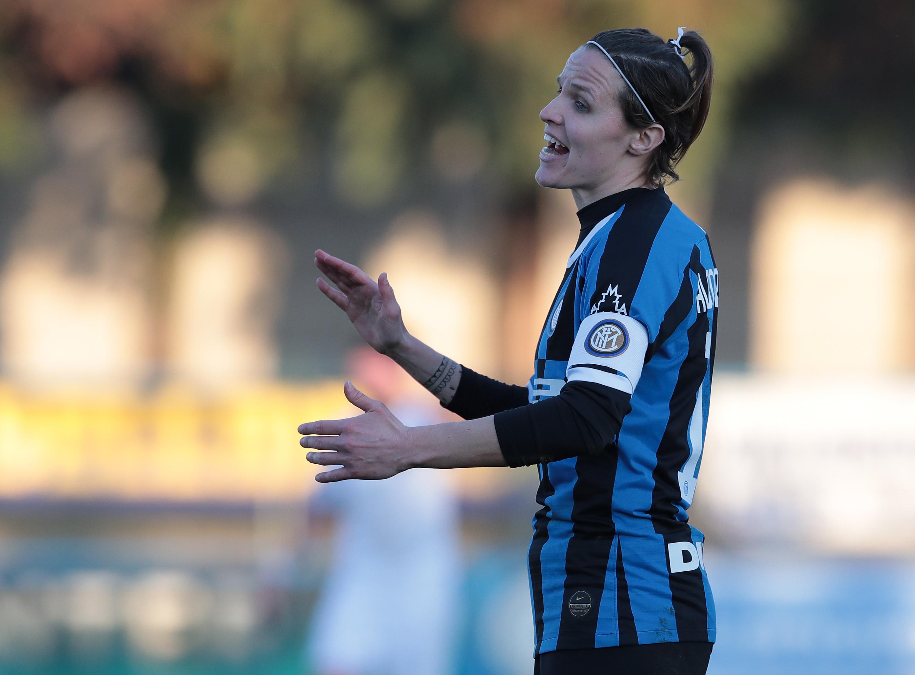 SOLBIATE ARNO, ITALY - JANUARY 11: Lisa Alborghetti of FC Internazionale reacts during the Women Serie A match between FC Internazionale and Florentia San Gimignano at Campo Sportivo F. Chinetti on January 11, 2020 in Solbiate Arno, Italy. (Photo by Emilio Andreoli/Getty Images)