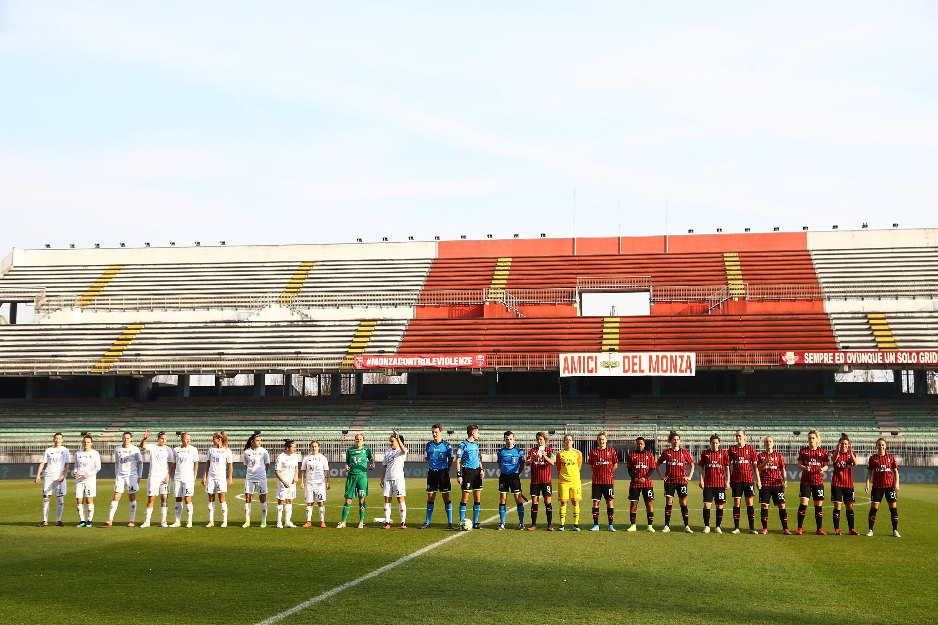 MONZA, ITALY - FEBRUARY 08:  ACF Fiorentina and AC Milan teams line up before the Women Coppa Italia match between AC Milan and ACF Fiorentina at Stadio Brianteo on February 8, 2020 in Monza, Italy..2:1020:5:  (Photo by Marco Luzzani/Getty Images)