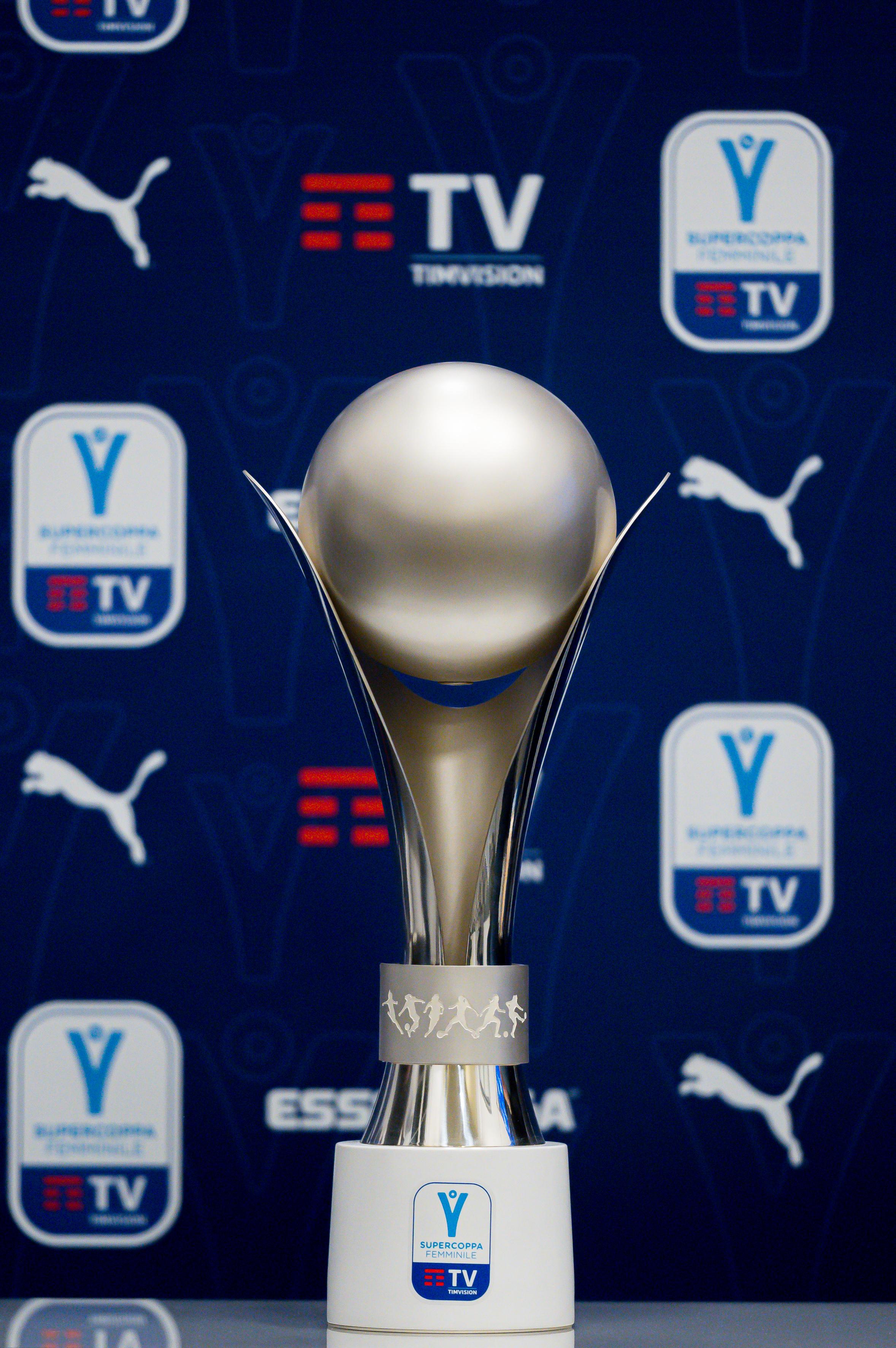 CHIAVARI (GENOA), ITALY - JANUARY 9: The trophy is seen during the Women's Super Cup Final Press Conference at WyLab headquarters on January 9, 2021 in Chiavari, Genoa, Italy. (Photo by Paolo Rattini/Getty Images)