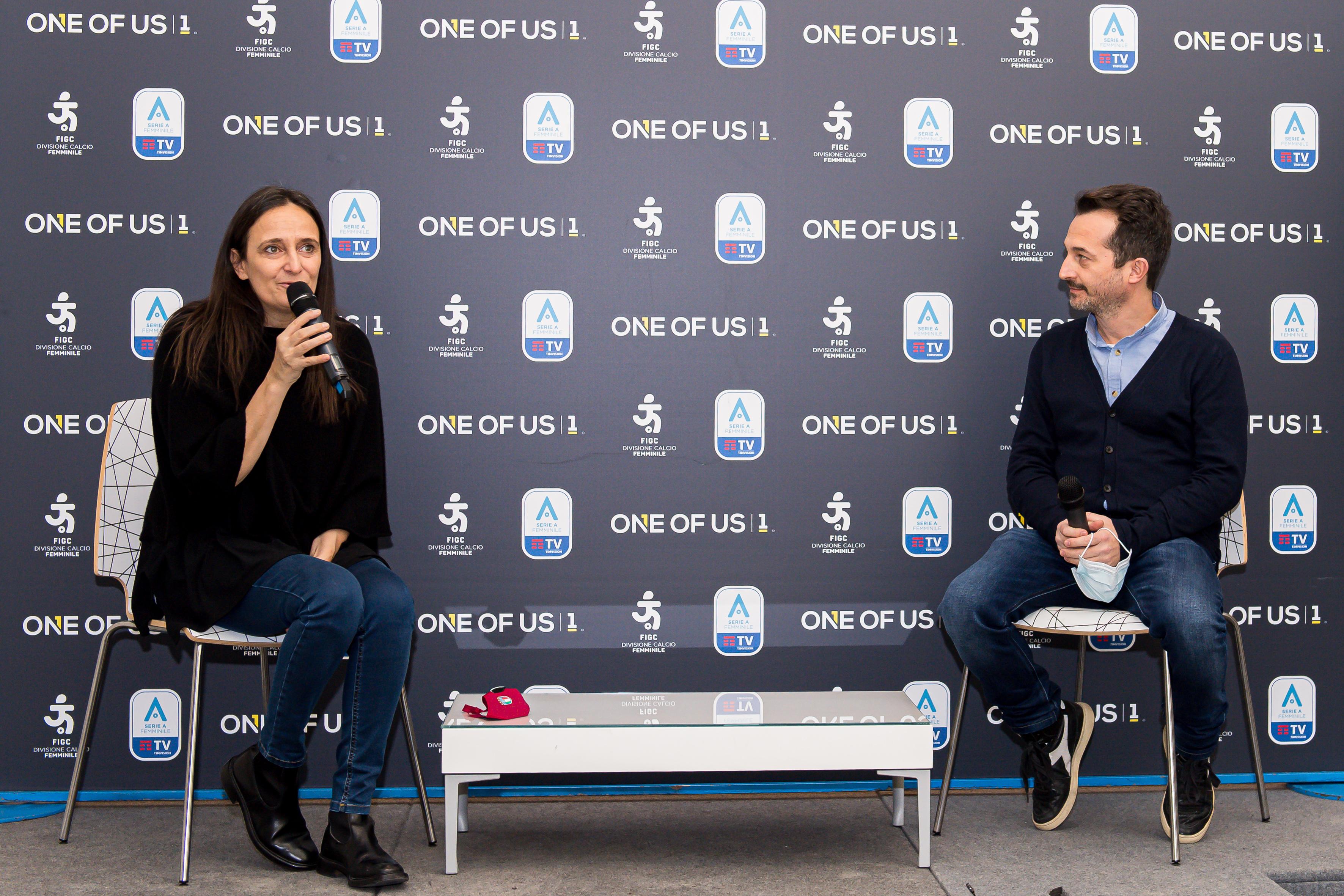 CHIAVARI (GENOA), ITALY - JANUARY 9: Ludovica Mantovani (left), president of the Women’s Football Division, and Diego Donati, responsible of the “One of Us” project, during the Women's Super Cup Final Press Conference at WyLab headquarters on January 9, 2021 in Chiavari, Genoa, Italy. (Photo by Paolo Rattini/Getty Images)