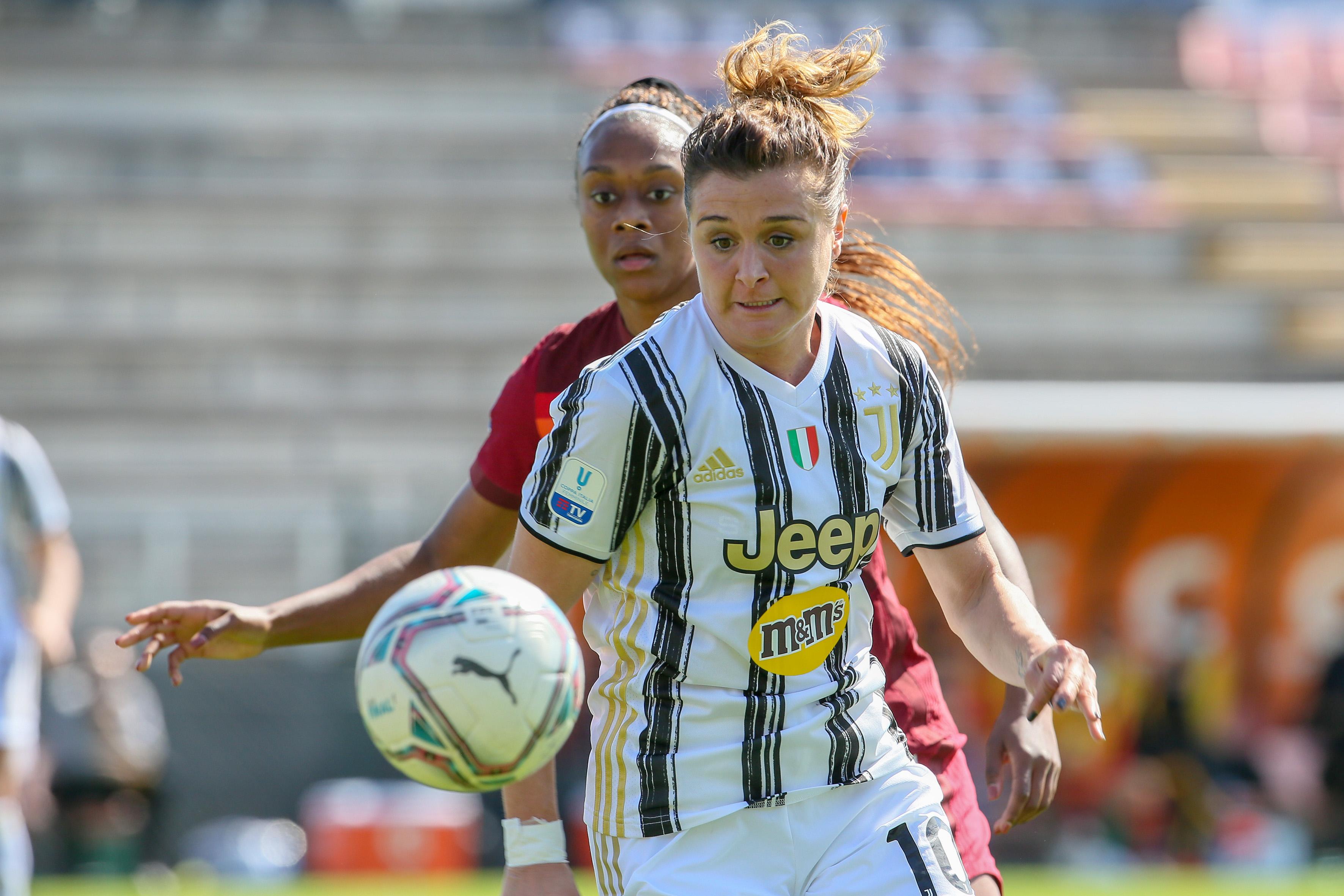 ROME, ITALY - MARCH 13: Cristiana Girelli of Juventus in action during the Women Coppa Italia match between AS Roma and Juventus at Stadio Tre Fontane on March 13, 2021 in Rome, Italy. (Photo by Giampiero Sposito/Getty Images)