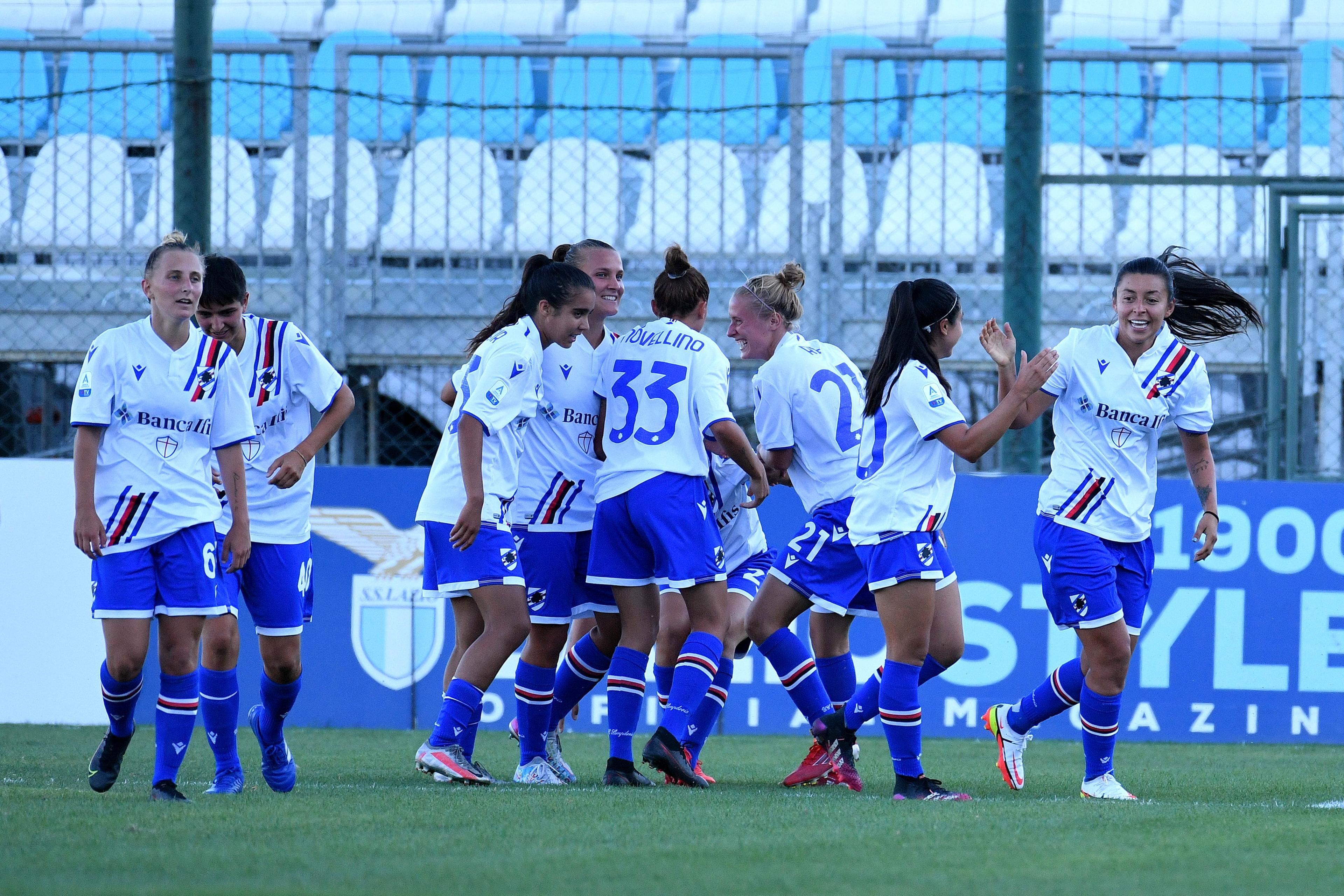 ROME, ITALY - AUGUST 29: Yorely Rincon Torres of Sampdoria women celebrates a second goal with her team mates during the Women Serie A match between SS Lazio v UC Sampdoria at  on August 29, 2021 in Rome, Italy. (Photo by Marco Rosi - SS Lazio/Getty Images)