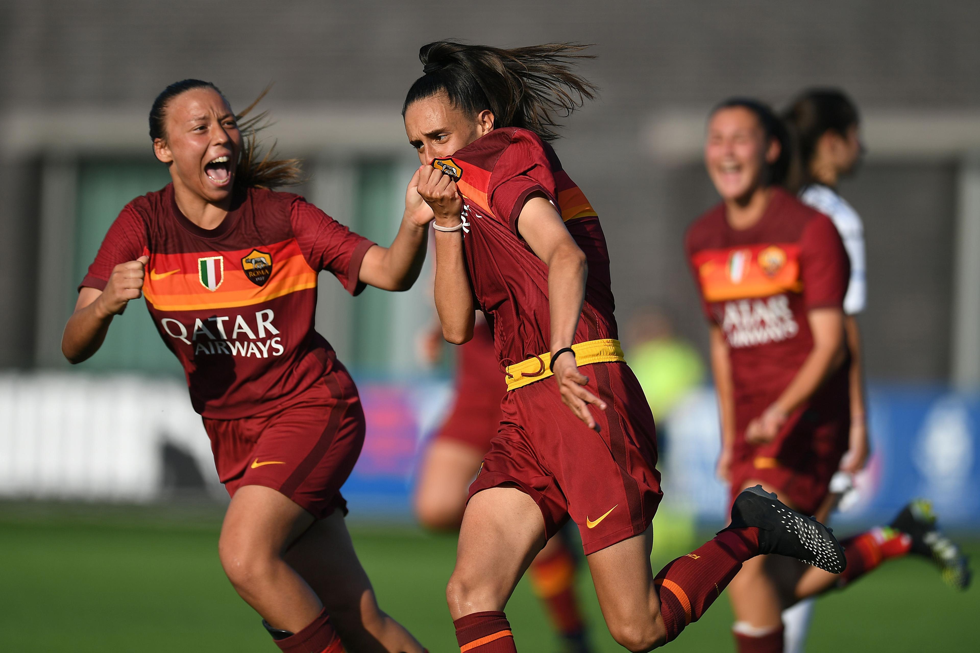 SASSUOLO, ITALY - MAY 27: Lucia Pastrenge of AS Roma  celebrates after scoring her team second goal during the Women Primavera Final Four Semifinal match between AS Roma U19 and FC Internaionale U19 at Mapei Football Center on May 27, 2021 in Sassuolo, Italy. (Photo by Alessandro Sabattini/Getty Images)