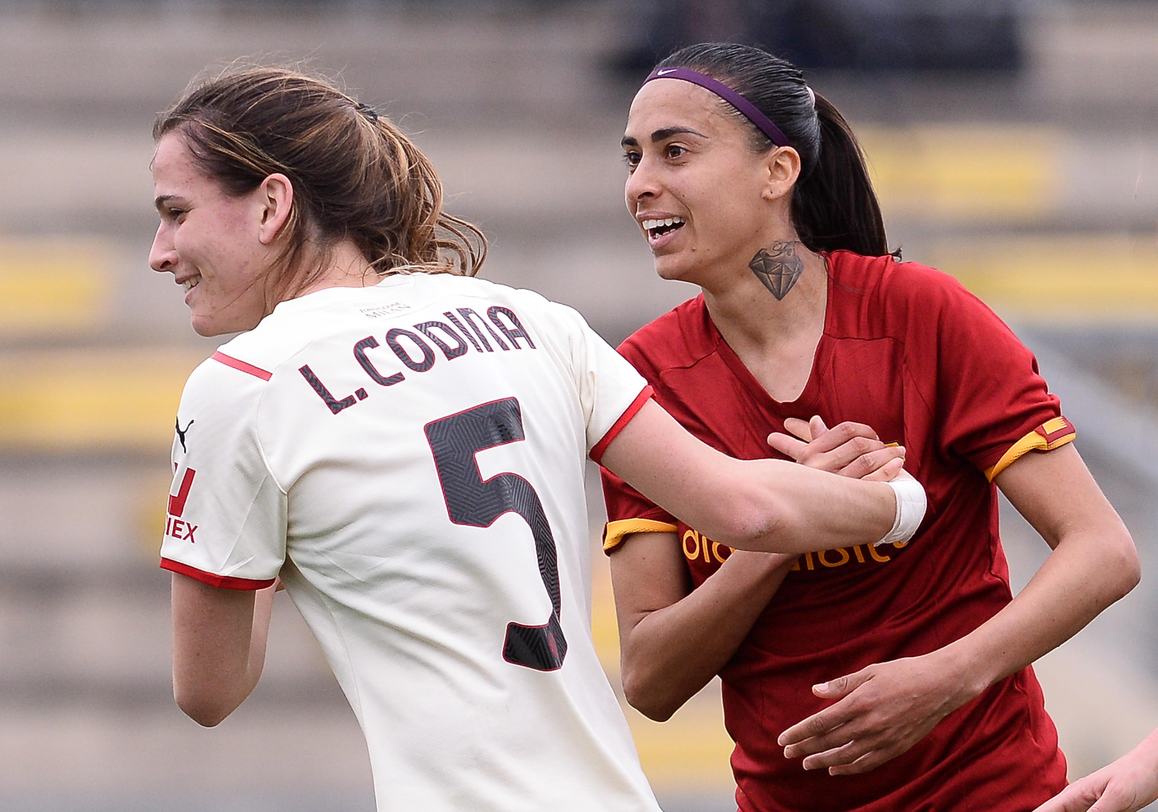ROME, ITALY - MARCH 19: Andressa Alves Da Silva of AS Roma greets Laia Codina of AC Milan during the Women Serie A match between AS Roma v AC Milan at Stadio Tre Fontane on March 19, 2022 in Rome, Italy. (Photo by Getty Images/Getty Images)