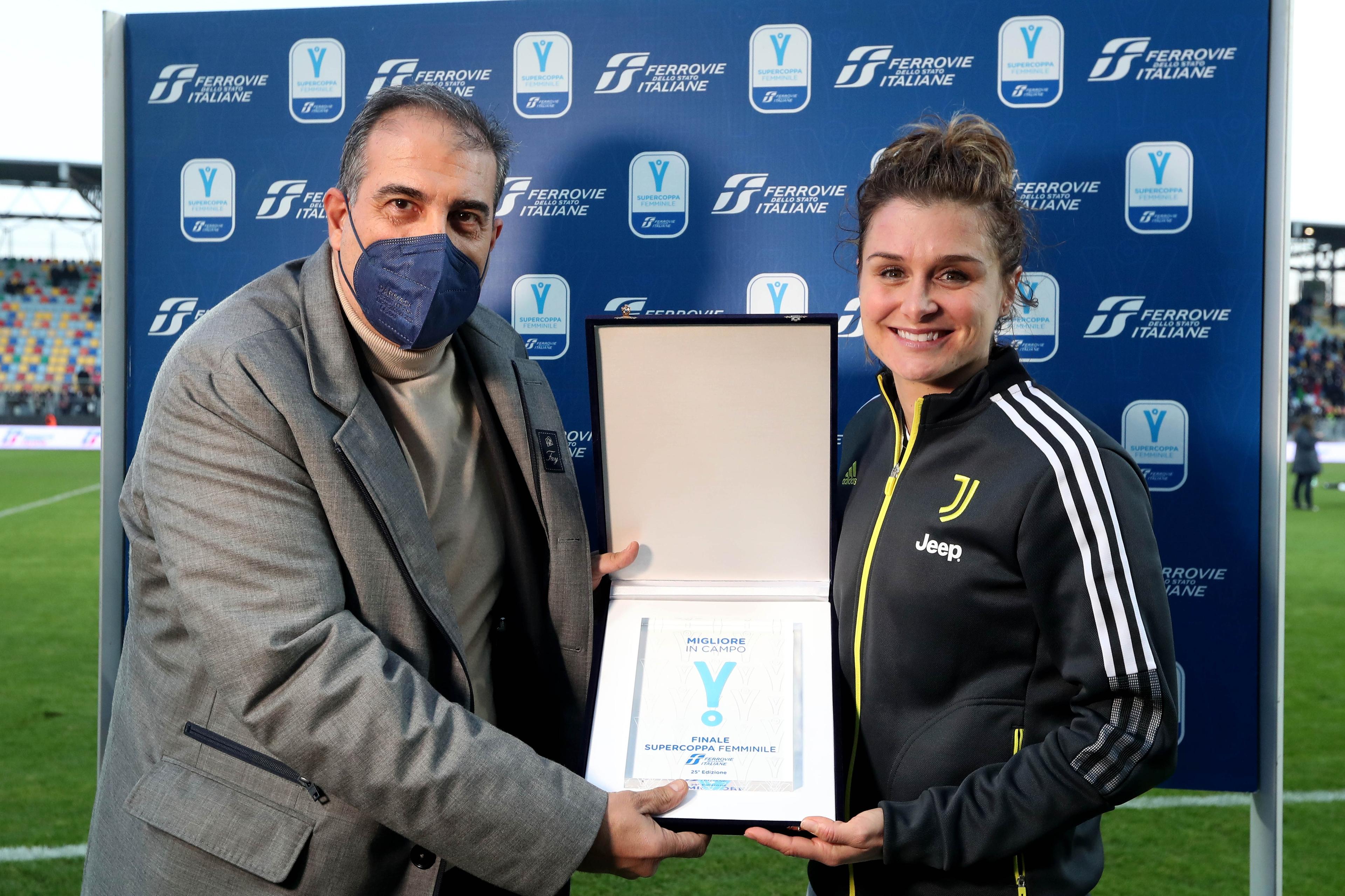 FROSINONE, ITALY - JANUARY 08: Cristiana Girelli of Juventus MVP of the match after the Women Supercup Final match between Juventus and AC Milanat Stadio Benito Stirpe on January 08, 2022 in Frosinone, Italy. (Photo by Paolo Bruno/Getty Images)