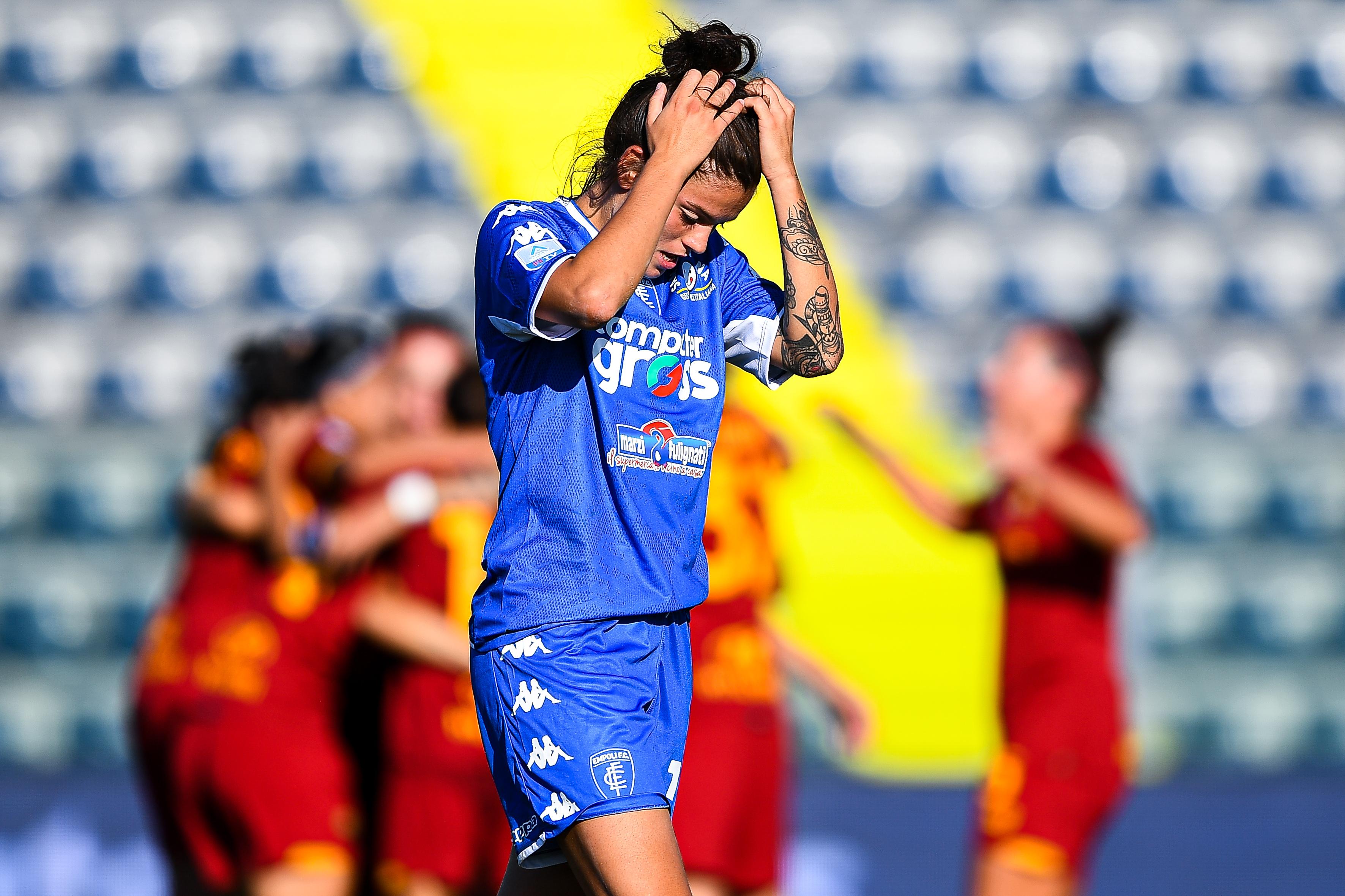 EMPOLI, ITALY - AUGUST 28: Aurora De Rita of Empoli reacts with disappointment after scoring an own goal during the Women Serie A match between Empoli FC and AS Roma at Stadio Carlo Castellani on August 28, 2021 in Empoli, Italy. (Photo by Getty Images)