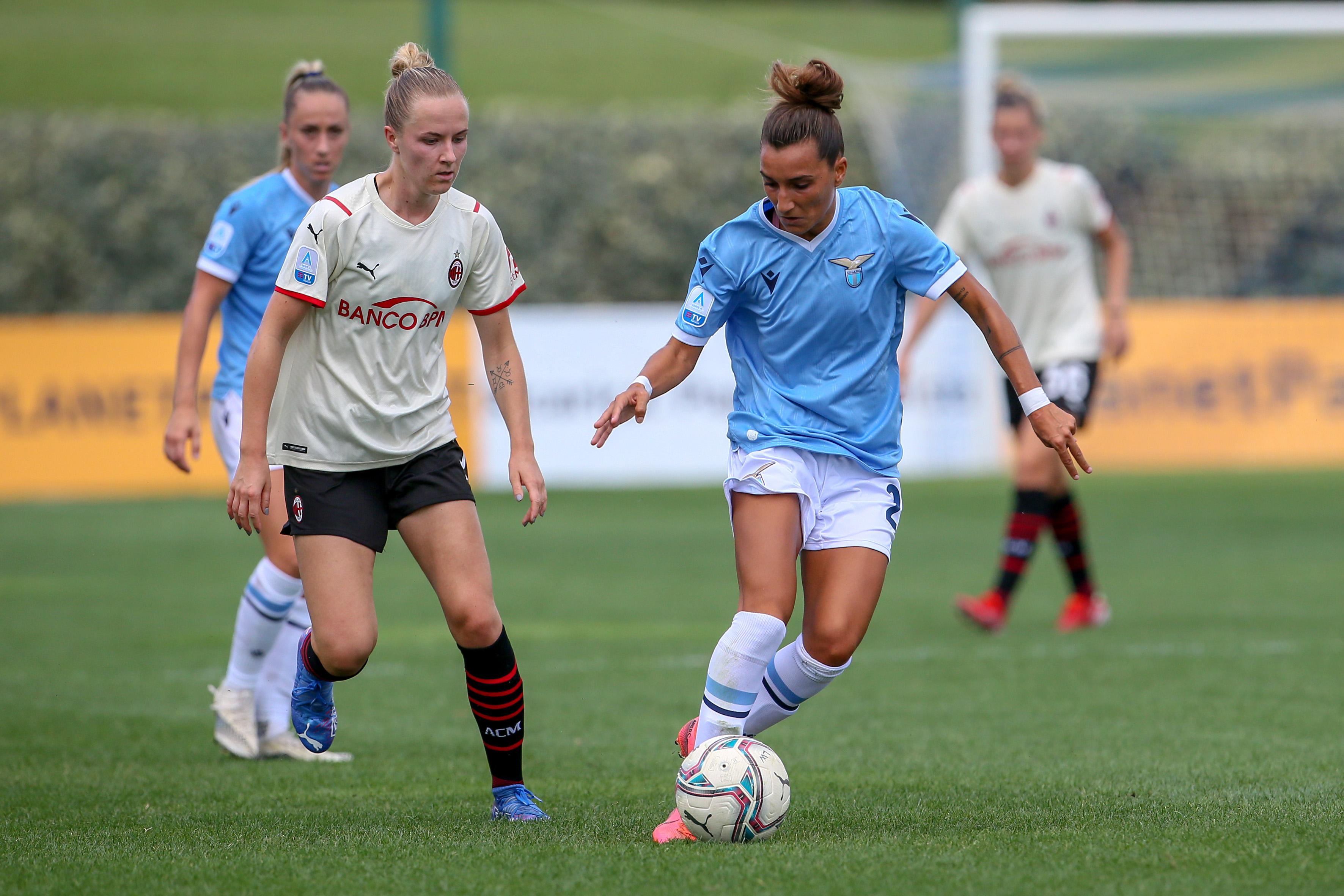ROME, ITALY - SEPTEMBER 11: Virginia Di Giammarino of SS Lazio in action next to Thrige Andersen of AC Milan during the Women Serie A match between SS Lazio and AC Milan on September 11, 2021 in Rome, Italy. (Photo by Giampiero Sposito/Getty Images)