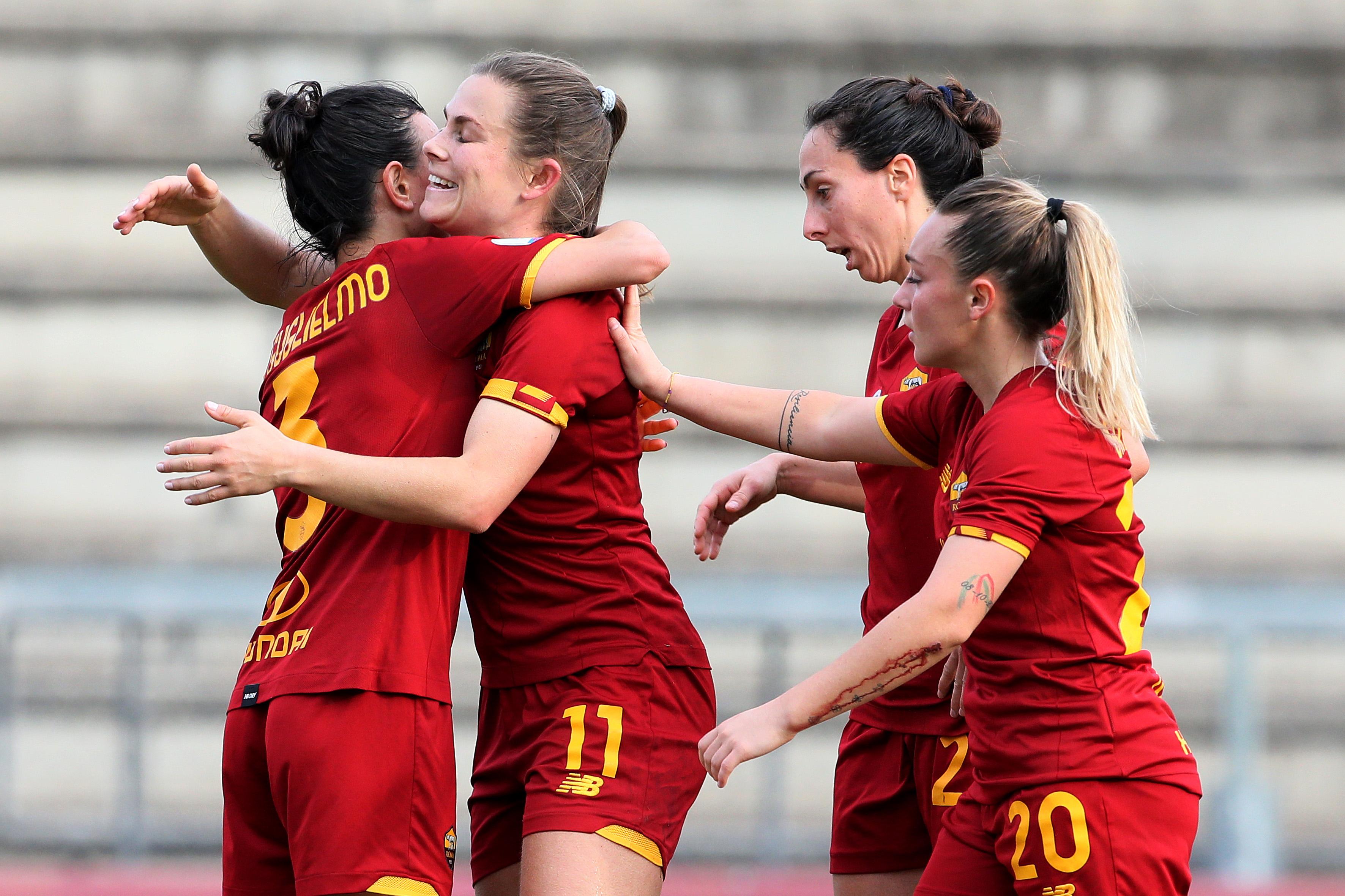 ROME, ITALY - FEBRUARY 05: Emilie Bosshard Haavi of AS Roma celebrates after scoring a goal during the Women Serie A match between AS Roma and Pomigliano at Stadio Tre Fontane on February 05, 2022 in Rome, Italy. (Photo by AS Roma/AS Roma via Getty Images )
