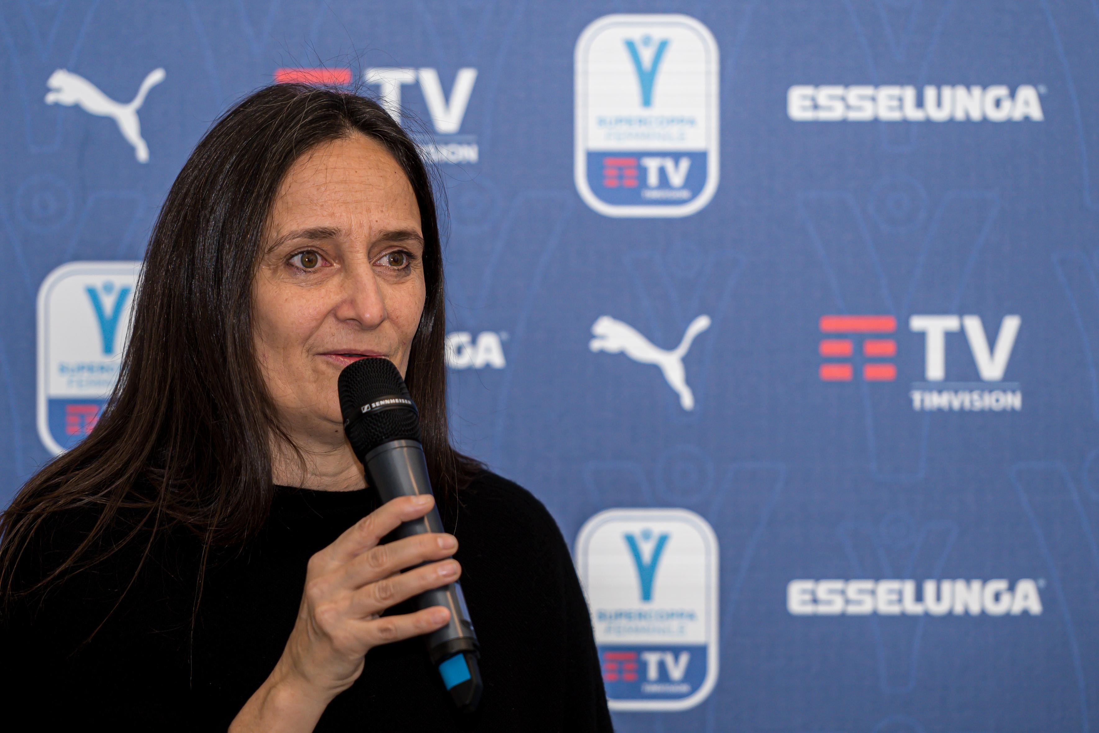 CHIAVARI (GENOA), ITALY - JANUARY 9: Ludovica Mantovani, president of the Women\\u2019s Football Division, during the Women\\'s Super Cup Final Press Conference at WyLab headquarters on January 9, 2021 in Chiavari, Genoa, Italy. (Photo by Paolo Rattini/Getty Images)
