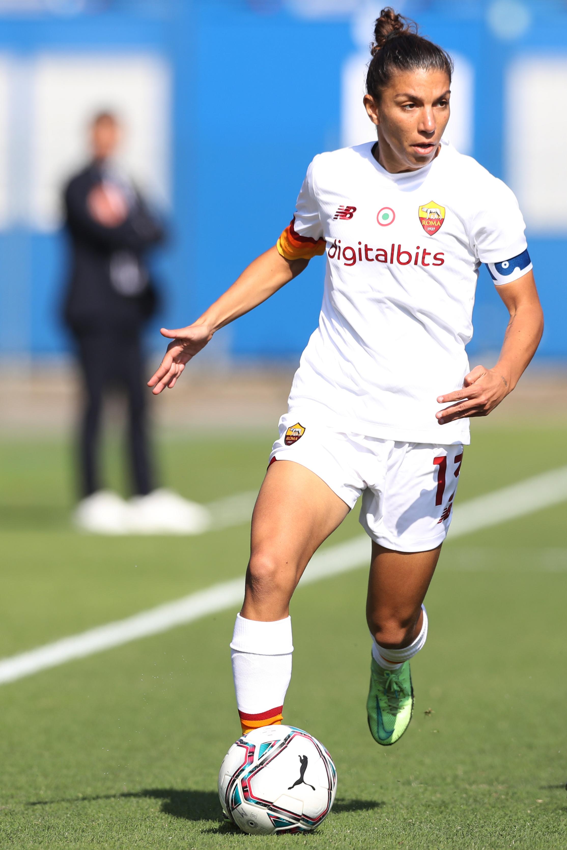 MILAN, ITALY - OCTOBER 10: Elisa Bartoli of AS Roma during the Women Serie A match between AC Milan and AS Roma at Campo Sportivo Vismara on October 10, 2021 in Milan, Italy. (Photo by Jonathan Moscrop/Getty Images)