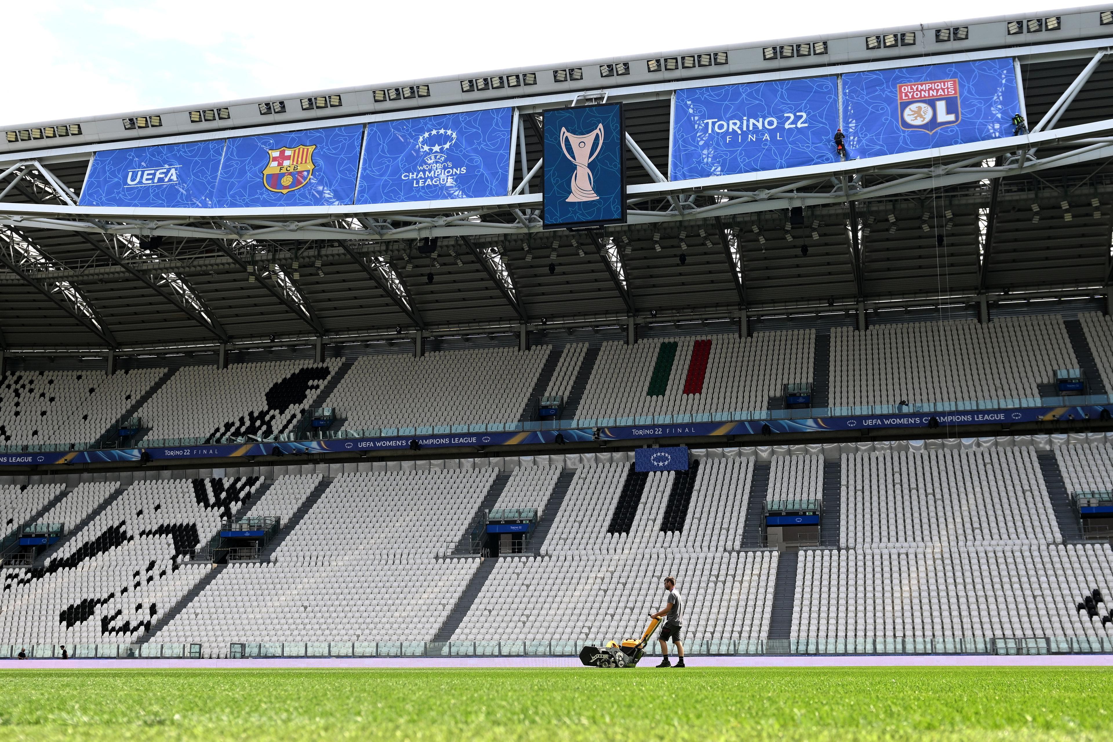 TURIN, ITALY - MAY 19: Pitch preparations ahead of the UEFA Women\\'s Champions League Final at Juventus Stadium on May 19, 2022 in Turin, Italy. FC Barcelona will face Olympique Lyon in the UEFA Women\\'s Champions League final on May 21, 2022. (Photo by Chris Ricco - UEFA/UEFA via Getty Images)