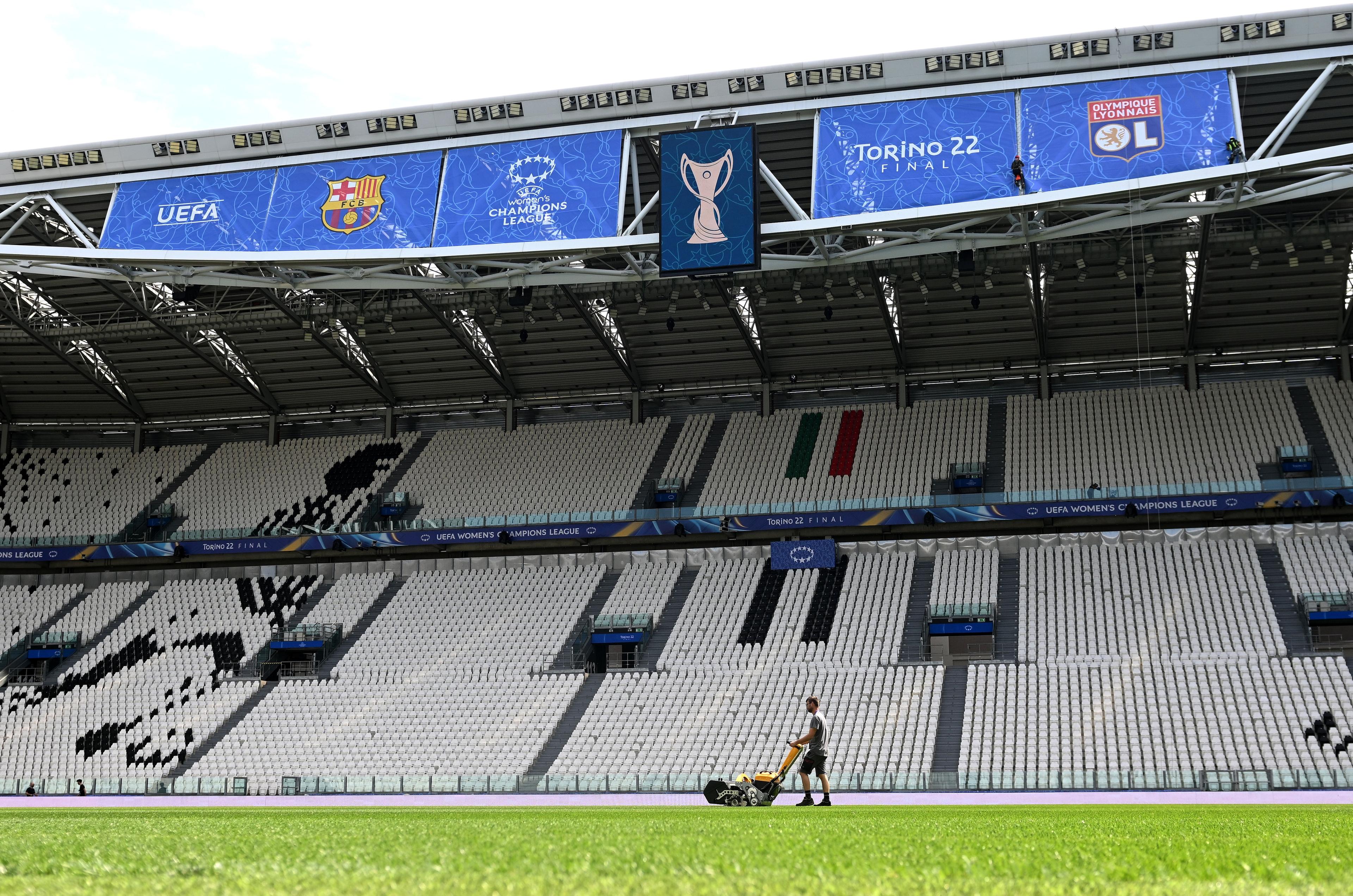 TURIN, ITALY - MAY 19: Pitch preparations ahead of the UEFA Women's Champions League Final at Juventus Stadium on May 19, 2022 in Turin, Italy. FC Barcelona will face Olympique Lyon in the UEFA Women's Champions League final on May 21, 2022. (Photo by Chris Ricco - UEFA/UEFA via Getty Images)