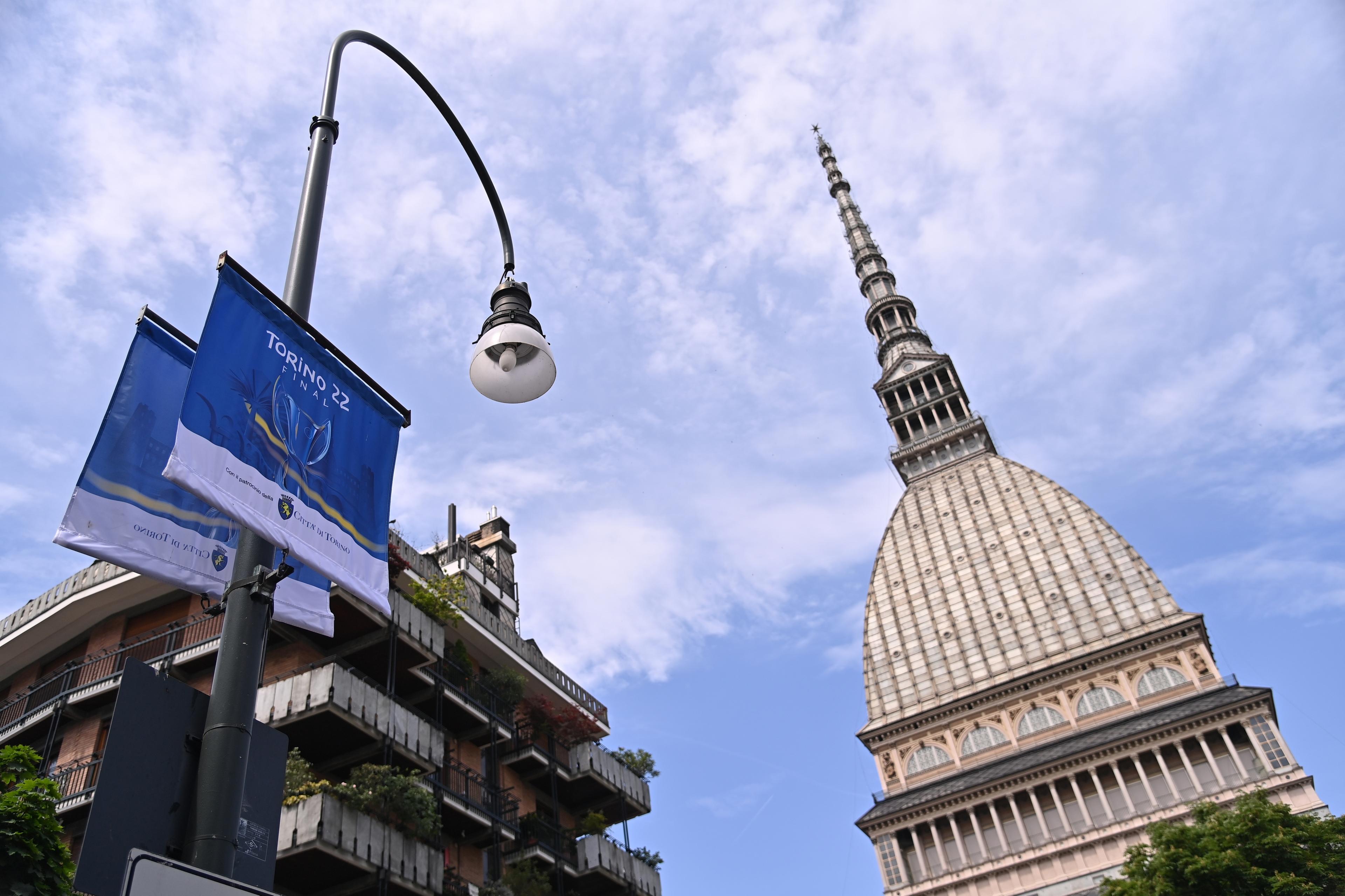 TURIN, ITALY - MAY 19: A banner for the upcoming UEFA Women's Champions League Final is seen on May 19, 2022 in Turin, Italy. FC Barcelona will face Olympique Lyon in the UEFA Women's Champions League final on May 21, 2022. (Photo by Tullio Puglia - UEFA/UEFA via Getty Images)