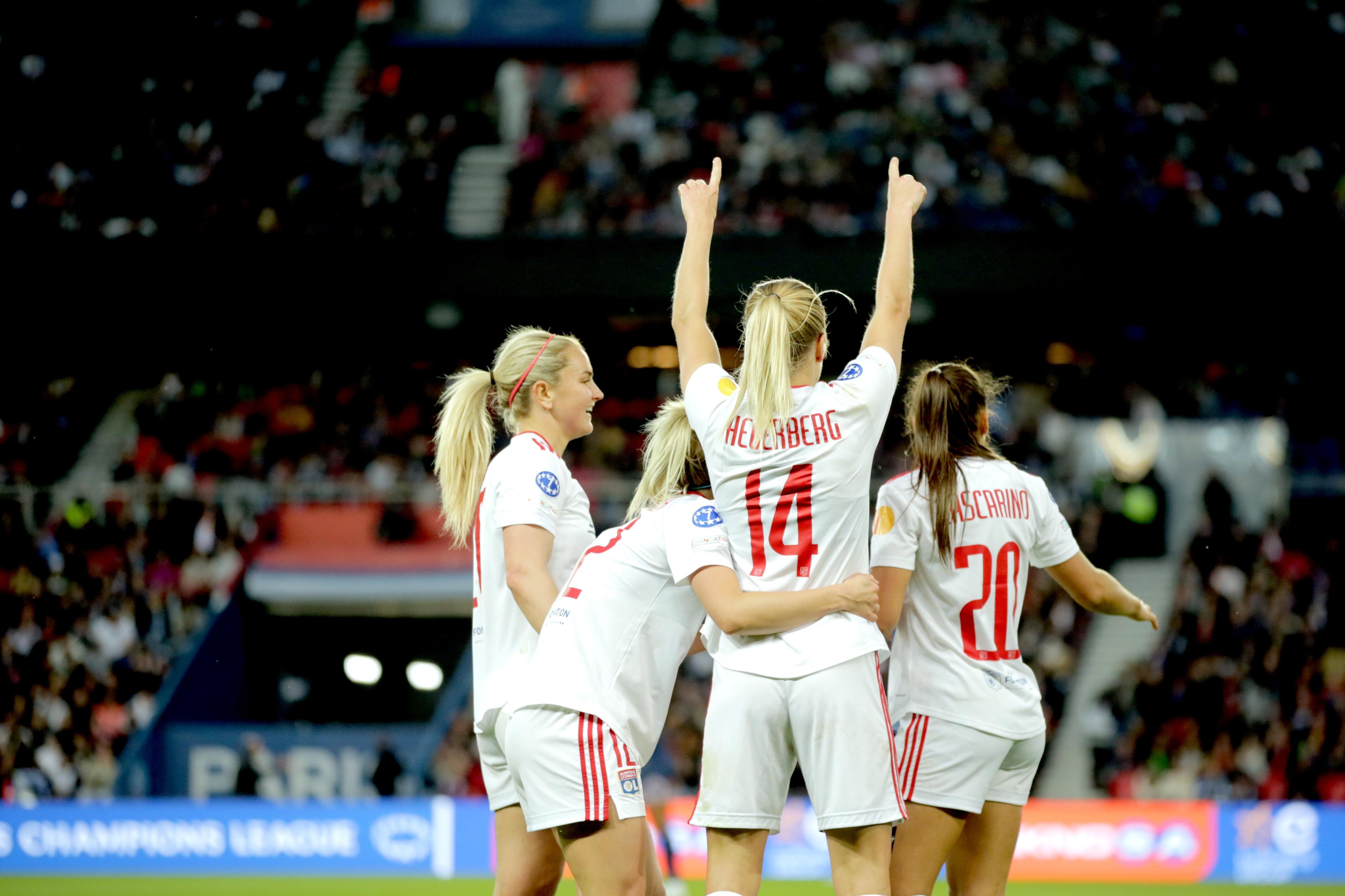 PARIS, FRANCE - APRIL 30: Ada Hegerberg (#14) of Lyon celebrates  after scoring her team\\'s first goal during the UEFA Women\\'s Champions League Semi Final Second Leg match between Paris Saint-Germain and Olympique Lyon at Parc des Princes on April 30, 2022 in Paris, France. (Photo by Johannes Simon - UEFA/UEFA via Getty Images)
