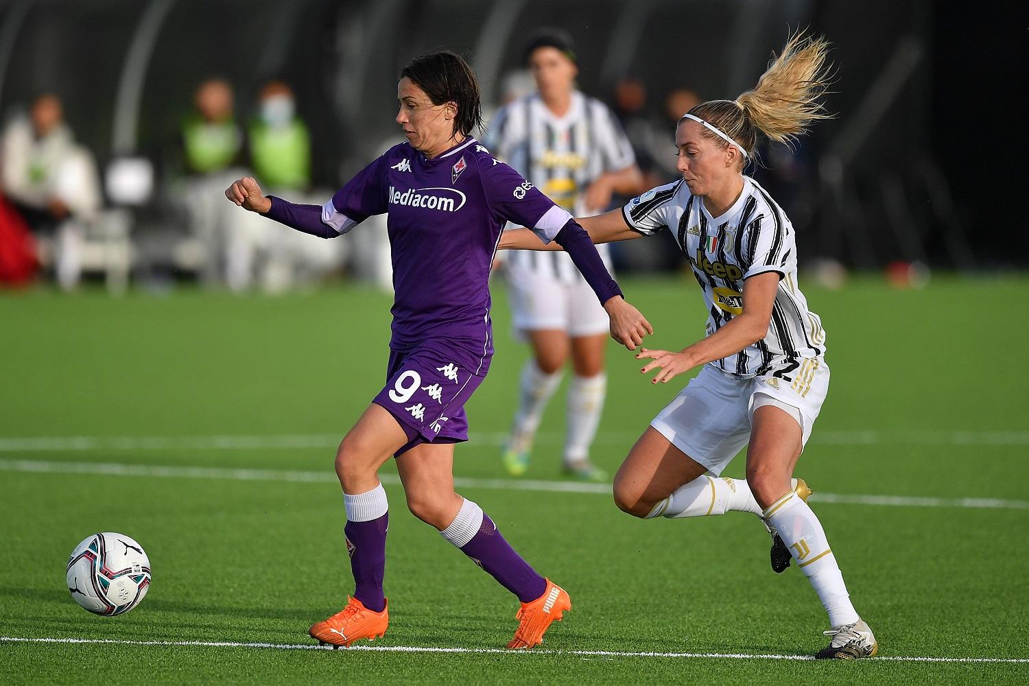 VINOVO, ITALY - OCTOBER 11:  Linda Sembrant (R) of Juventus competes with Daniela Sabatino of ACF Fiorentina during the Women Serie A match between Juventus and ACF Fiorentina at Juventus Center Vinovo on October 11, 2020 in Vinovo, Italy.  (Photo by Valerio Pennicino/Getty Images ) *** Local Caption *** Linda Sembrant; Daniela Sabatino