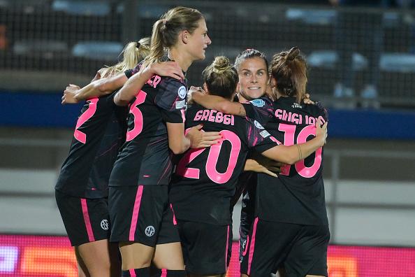 Latina, ITALY - OCTOBER 20: Emilie Haavi of AS Roma celebrates after scored the first goal for her team during the UEFA Women\\'s Champions League group B match between AS Roma and Slavia Praha at Stadio Francioni on October 20, 2022 in Latina, Italy. (Photo by Fabio Rossi/AS Roma via Getty Images)
