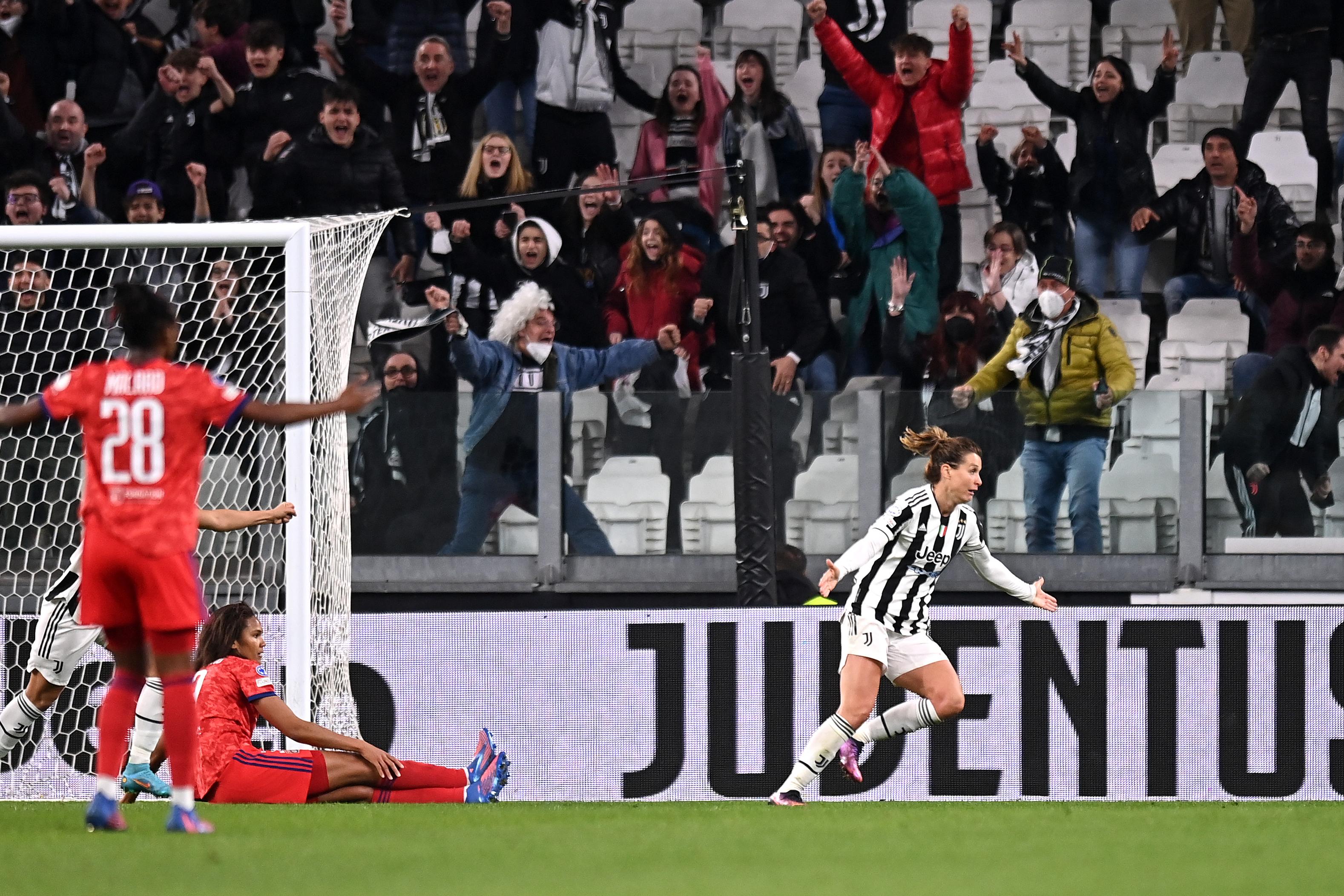 TURIN, ITALY - MARCH 23: Cristiana Girelli of Juventus celebrates after scoring their team\\'s first goal during the UEFA Women\\'s Champions League Quarter Final First Leg match between Juventus and Olympique Lyon at Juventus Stadium on March 23, 2022 in Turin, Italy. (Photo by Tullio Puglia - UEFA/UEFA via Getty Images)